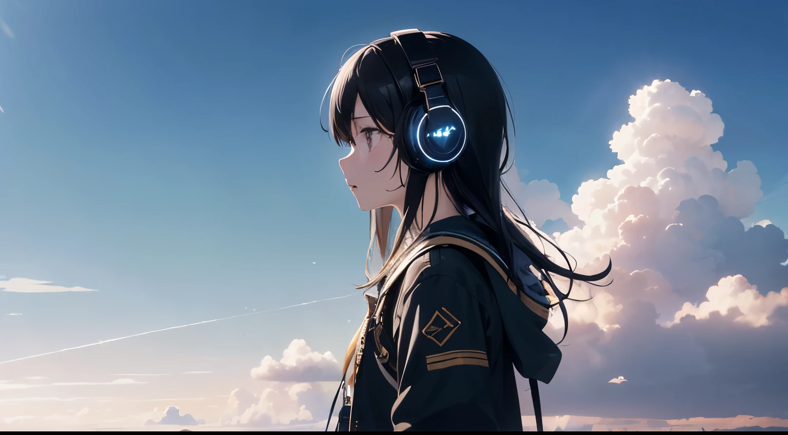 absurdres, highres, (official art, beautiful and aesthetic:1.2), close view, shining sky, vast world, girl, Wear headphones, gazing, awe-inspiring expression, distant horizon, clouds, high hill, natural beauty, inspiration, light effects,