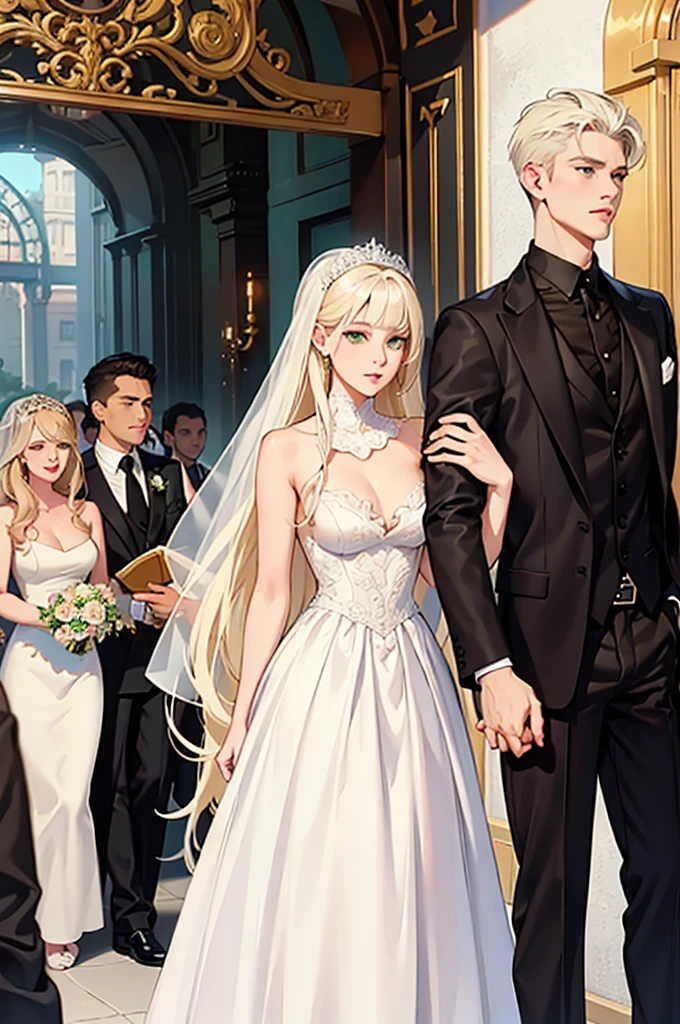 the wedding ceremony. The young man-platinum blonde with green eyes, very long platinum hair, long bangs, he is dressed in jeans, white shirt and a jacket, he is holding the hand of an incredibly beautiful young woman, she is standing next to him in a short wedding dress, she has very long golden hair arranged in a beautiful hairstyle, a short veil, she holds a small bouquet of the bride. Masterpiece, perfect image, realistic pictures, detailed face study, full-length image, 8k, detailed image. an extremely detailed illustration, a real masterpiece of the highest quality, with careful drawing.