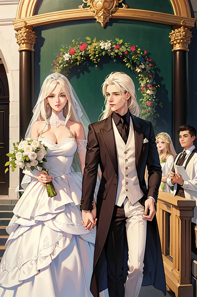 the wedding ceremony. The young man-platinum blonde with green eyes, very long platinum hair, long bangs, he is dressed in jeans, white shirt and a jacket, he is holding the hand of an incredibly beautiful young woman, she is standing next to him in a short wedding dress, she has very long golden hair arranged in a beautiful hairstyle, a short veil, she holds a small bouquet of the bride. Masterpiece, perfect image, realistic pictures, detailed face study, full-length image, 8k, detailed image. an extremely detailed illustration, a real masterpiece of the highest quality, with careful drawing.