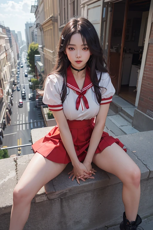 Realistic, masterpiece, highest quality, High resolution, (Yangmi), One girl, stand on top of the building, Highly detailed face, Wind, SM Mars, Long Hair, Sailor Warrior, Red Sailor Collar, Red Skirt, Elbow hand pockets, Action pose, From above、((Support your thighs with both hands and spread your legs:1.5))、