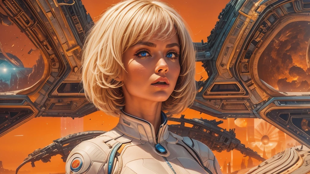 arafed image of a white woman in a futuristic suit with a spaceship in the background, movie art, in front of an orange background, inspired by Robert McGinnis, female protagonist, megastructure in the background, portrait of an ai astronaut, astronauts, an astronaut, portrait of a astronaut skeletor, perfect android girl, detailed eyes, perfectly detailed teeth, frank franzzeta and sakimichan  