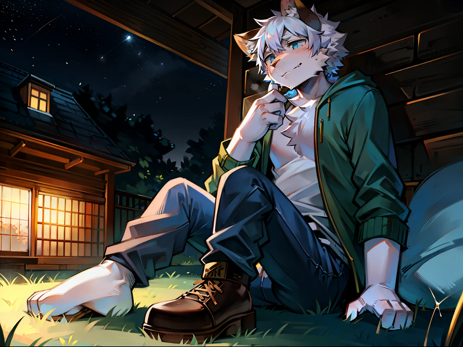 hairy,hairy cat boy,Sitting on a white blanket on the grass,(Don't cover your crotch with your hands),(wear短白袜),(((peed pants))),((Urine flow)),(urine stains),((Urine runs down the crotch)),Urine pit,Wet pants,Light blue pajamas,((Pantalon)),wear,night,The only person,high quality