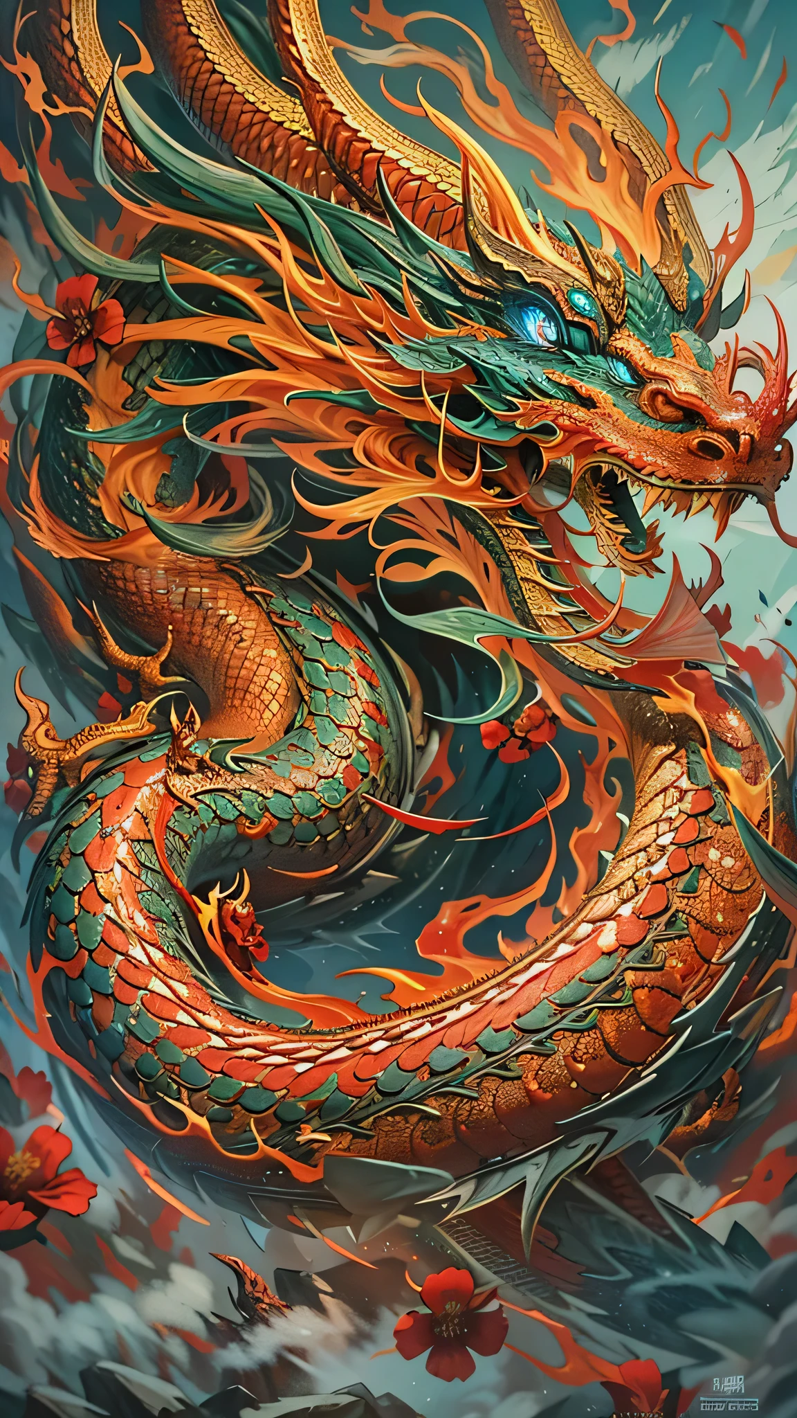 Close up of a Majestic Japanese Dragon with a flower elegantly perched on its head, derived from Chinese mythology and concept art. This intricate and vibrant masterpiece showcases the Lung Dragon, a phoenix and dragon hybrid, known for its complexity and exquisiteness. Observe the dragon's intricately detailed scales that shimmer with an array of colors, illustrating the Chinese Dragon's majesty. Witness the Scary detailed color art as the dragon's Fire-breathing ability lights up the sky, evoking a sense of awe. Gaze upon the Chinese Dragons fearlessly clashing in a breathtaking confrontation, displaying the power and grandeur of these