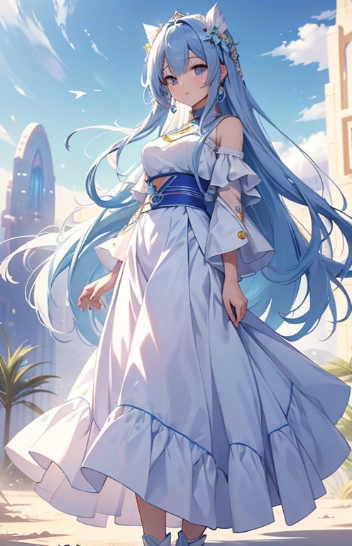 Best picture quality,masterpiece,Ultimate resolution,soft,Colorful,Colorful,Oasis background,woman,Sky blue long hair,自然woman,埃及风格White long skirt,White long skirt,Desert Oasis,normal posture