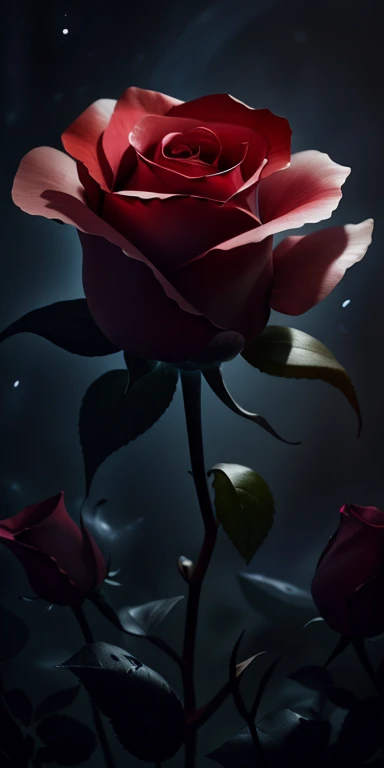 Black petal rose、highest quality, Very detailed, "Red rose flower+Crescent Moon+Night Sky" ,Ultra Wide Angle,Accent lighting,Volumetric lighting, (Detailed light),((Very delicate and beautiful)),High resolution、Closed petals、