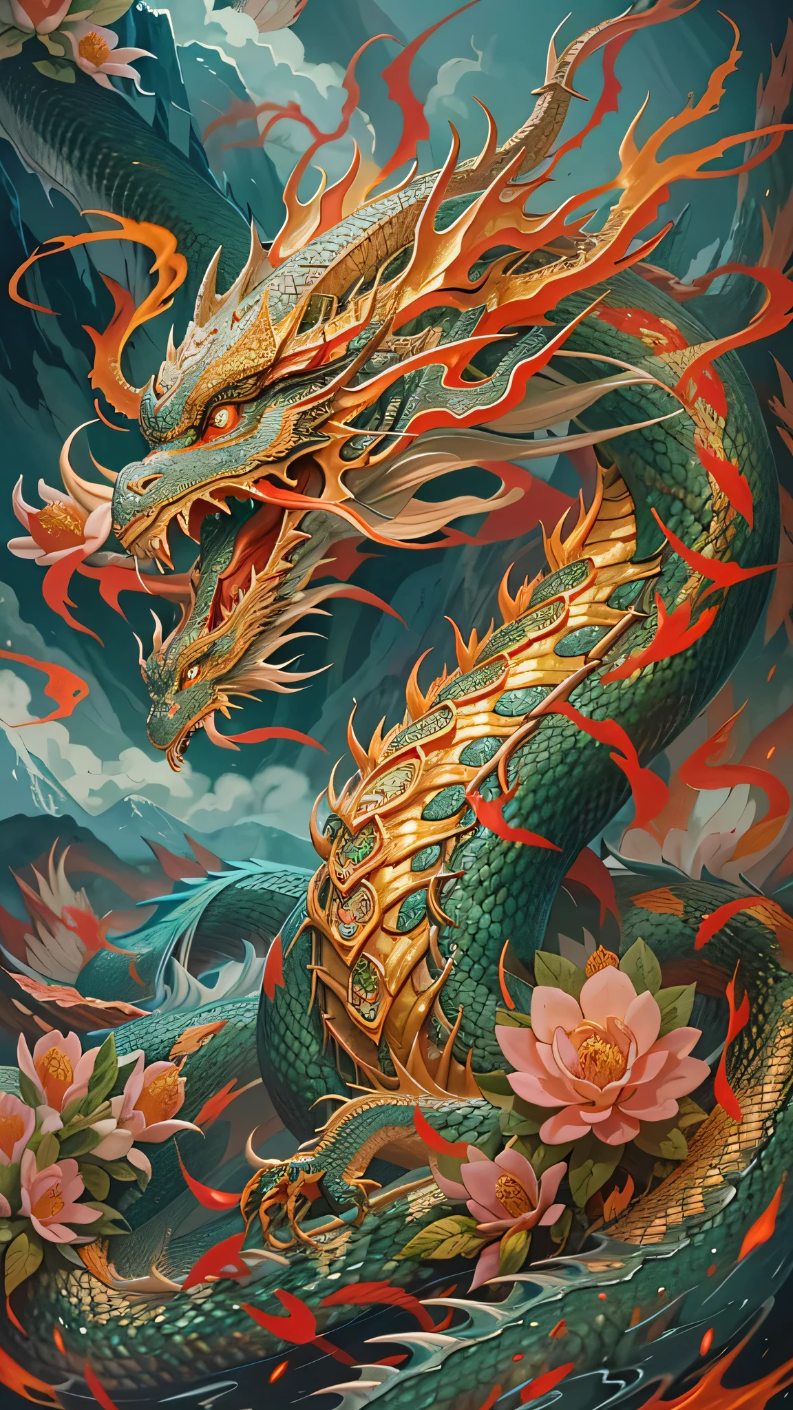 Close up of a Majestic Japanese Dragon with a flower elegantly perched on its head, derived from Chinese mythology and concept art. This intricate and vibrant masterpiece showcases the Lung Dragon, a phoenix and dragon hybrid, known for its complexity and exquisiteness. Observe the dragon's intricately detailed scales that shimmer with an array of colors, illustrating the Chinese Dragon's majesty. Witness the Scary detailed color art as the dragon's Fire-breathing ability lights up the sky, evoking a sense of awe. Gaze upon the Chinese Dragons fearlessly clashing in a breathtaking confrontation, displaying the power and grandeur of these