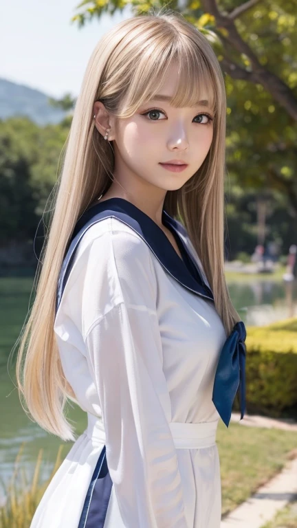 ((((Whole body 1.4))))、極めてbeautifully、A beautiful Nordic blonde girl with a mysterious glow.、 Super long straight silky hair、Very beautiful shining pretty face、beautifully輝く白い肌、Glowing cheek highlight、beautifullyて可愛いセクシーな淡いブルーの目、Big double eyelid eyes、beautifully、Very long、Shiny, silky, straight pale blonde hair、Sexy 18 year old、A cute beautiful girl with long bangs、The most beautiful Western women in the world、Round face、Adorable appearance、Japanese Sailor Suit、high school girl、