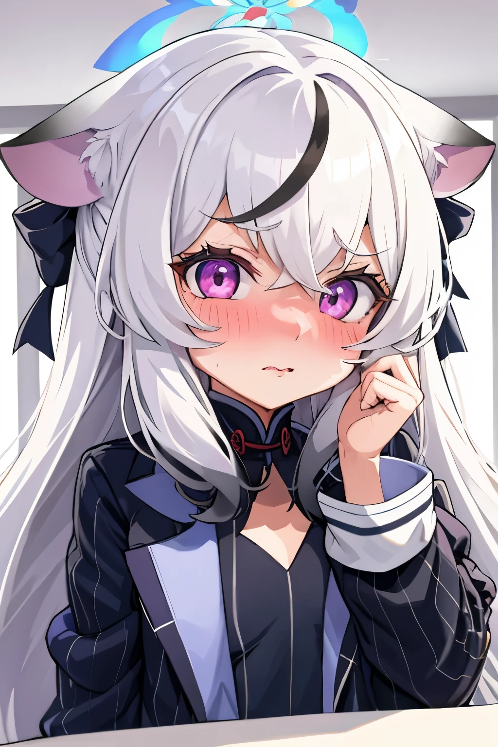 1girl, kokona, indoors, purple eyes, white hair, :3 mouth, embarrassed, beautiful eyes, beautiful lips, shiny lips, extremely detailed eyes and face, long eyelashes, close-up, warm lighting, vibrant colors, looking at the viewer, embarrassed look, blush, Winter suit, winter wonder