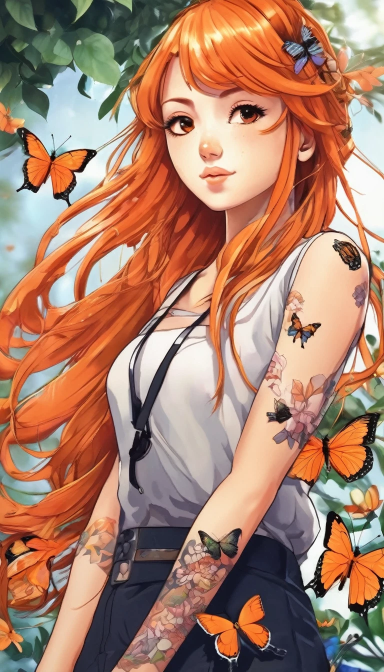A beautiful orange-haired anime girl with a butterfly tattoo on her arm.
