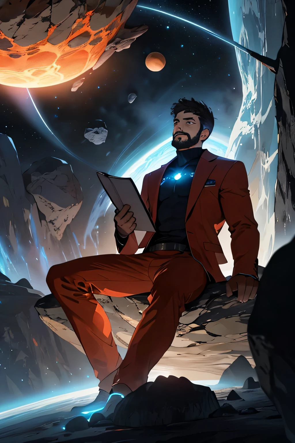 Draw a young programmer, sitting on a research platform floating in the middle of an asteroid belt. He is studying with a notebook, surrounded by several asteroids glowing with fiery auras. Dramatic lighting from distant stars and planets illuminates the scene, casting deep shadows on the suit. The young man looks confident and determined, looking at the vast and mysterious universe with wonder and respect,facial hair, cowboy shot,