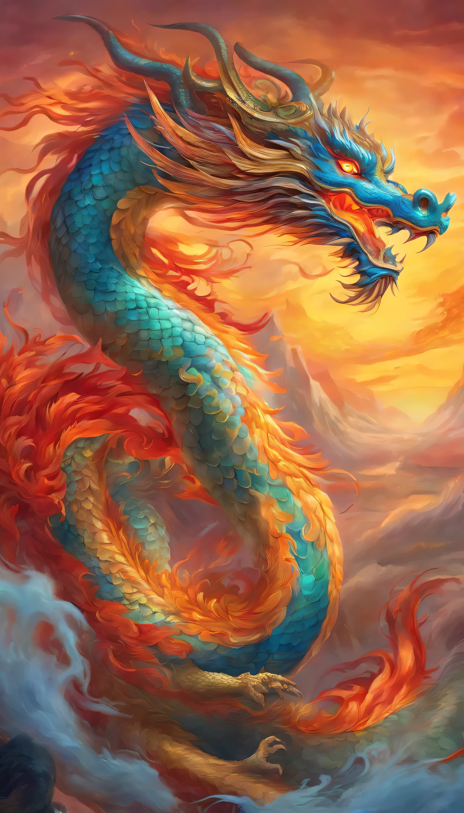 Close up of a majestic Japanese Lung Dragon with a vibrant flower delicately perched atop its head, drawn in intricate Chinese mythology concepts. This is a beautiful and complex representation of the phoenix dragon, filled with各色 vivid hues and exquisite details. Witness the fierce yet graceful Lung Dragon in the sky, unleashing flames of brilliant colors as it breathes fire. Behold the awe-inspiring Chinese Dragons locked in an epic battle, each scales adorned with intricate patterns and nuanced shades. This highly detailed and colorful dragon art is a testament to Chinese Dragon concept design, showcasing the dragon's terrifying yet magnificent presence