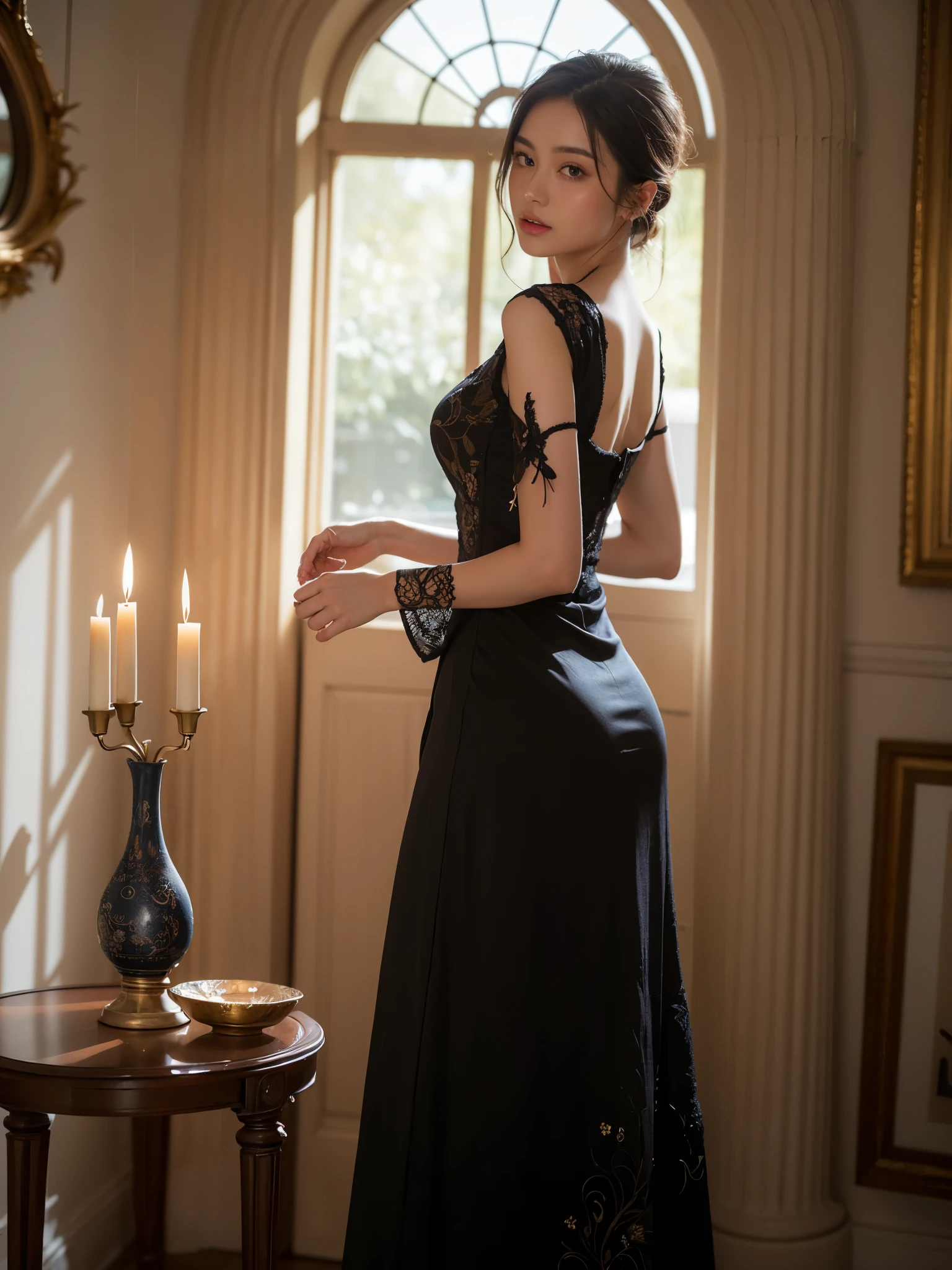 (masterpiece, high resolution, illustration:1.2), fascinating woman, (gorgeous black dress:1.1), (Intricate embroidery and decoration:1.2), (flowing ethereal fabric:1.1), Standing in a richly decorated environment, (A candle holder that emits warm light:1.2), (Mysterious shadows dancing on the wall:1.1), (gorgeous antique furniture:1.2), (Exquisite details down to every corner:1.1), An atmosphere of enigmatic beauty and charm, (The subtle interplay of light and darkness:1.2), (Complex patterns and textures:1.1), A moment of captivating mystery, whimsical artistry.