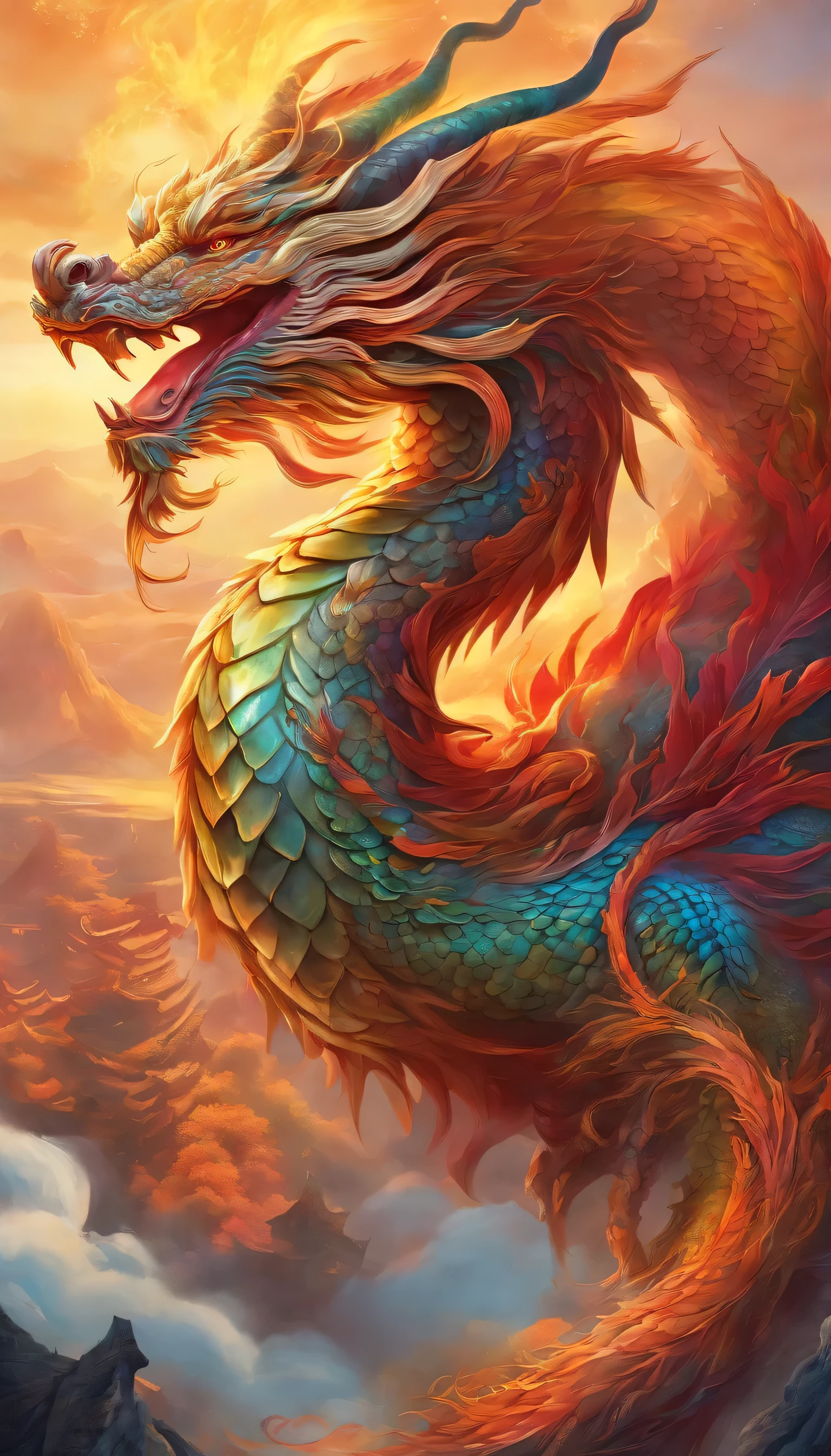 Close up of a majestic Japanese Lung Dragon with a vibrant flower delicately perched atop its head, drawn in intricate Chinese mythology concepts. This is a beautiful and complex representation of the phoenix dragon, filled with各色 vivid hues and exquisite details. Witness the fierce yet graceful Lung Dragon in the sky, unleashing flames of brilliant colors as it breathes fire. Behold the awe-inspiring Chinese Dragons locked in an epic battle, each scales adorned with intricate patterns and nuanced shades. This highly detailed and colorful dragon art is a testament to Chinese Dragon concept design, showcasing the dragon's terrifying yet magnificent presence