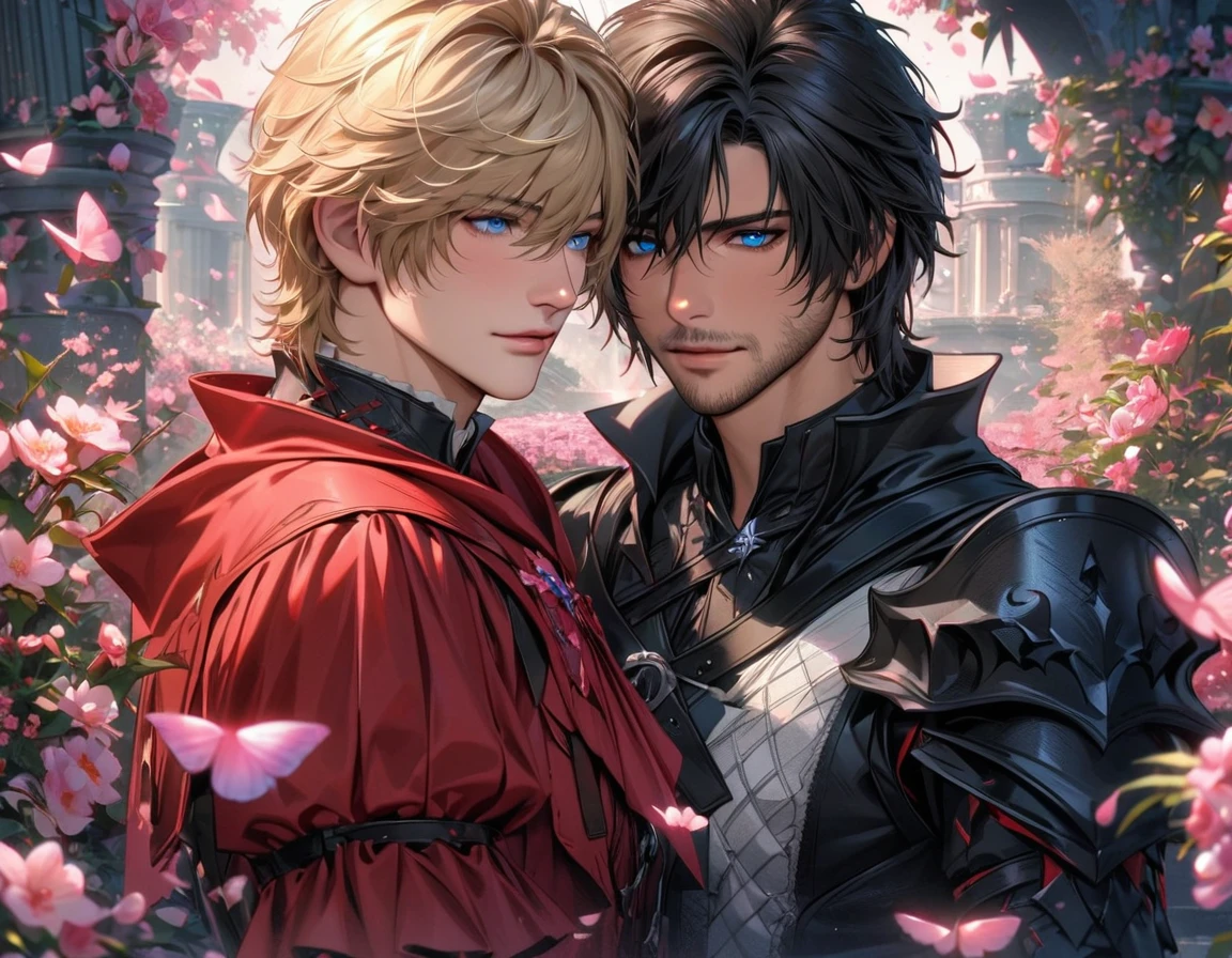 absurdres, highres, ultra detailed, HDR, master piece, best quality, Clive Rosfield, black hair, expressive blue eyes, Final Fantasy XVI, Joshua Rosfield, blond hair, expressive blue eyes, 2men together, gay, handsome, black and red clothes, pink petals, pink butterflies, pink flowers, pink butterflies, blossoms