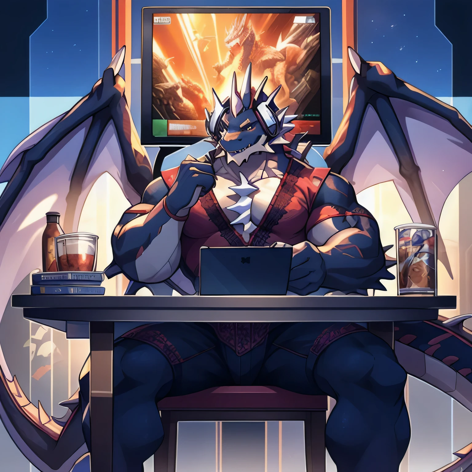 dragon,Anthropomorphic male dragon, Highlight the dragon angle,Highlight his muscular body and sharp claws, Shows chest contours, abdomen, Stretch and elegant, Delicate lace pattern glitters in the light. Keep your eyes on the screen，Playing games with headphones，Sitting at the table，The background is the scene of the e-sports competition。dragon&#39;Tail, Long-lasting and powerful, 他Sitting at the table，Playing games with headphones，Keep your eyes on the screen，Highlighting his charming masculinity. dragon&#39;Keep your eyes on the screen，Playing games with headphones，Sitting at the table，The background is the scene of the e-sports competition。