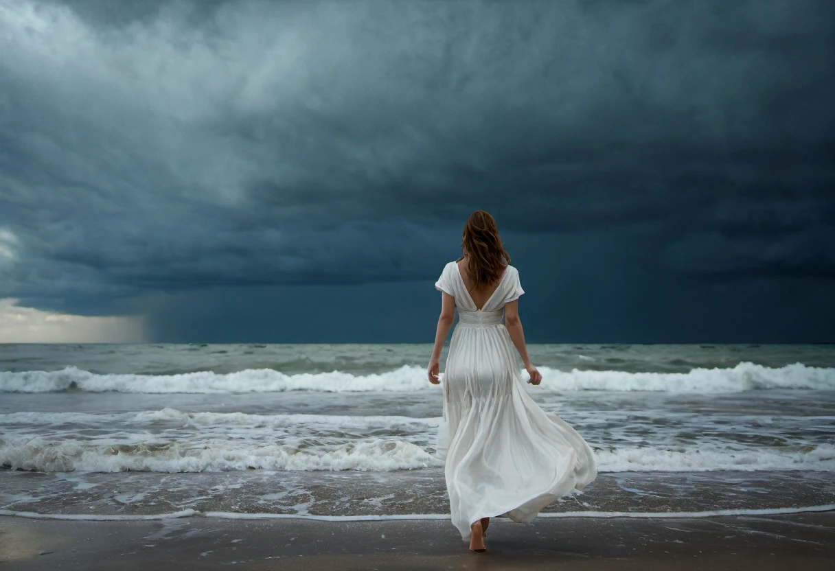 A lonely woman in a long white dress, backwards, walking in the distance, in a stormy rainy beach,dark clouds,delicate detailing,subtle texture,soft-focus effect,soft shadows,minimalist aesthetic,gentle illumination,elegant simplicity,serene composition timeless appeal,visual softness,extremely high quality high detail RAW color photo,professional lighting,sophisticated color grading,sharp focus,soft bokeh,striking contrast,dramatic flair,depth of field,seamless blend of colors,CGI digital painting,cinematic still 35mm,CineStill 50D,800T,natural lighting,shallow depth of field,crisp details,hbo netflix film color LUT,32K,UHD,HDR,film light,panoramic shot,breathtaking,hyper-realistic,ultra-realism,high-speed photography,perfect contrast,award-winning phography,directed by lars von trier