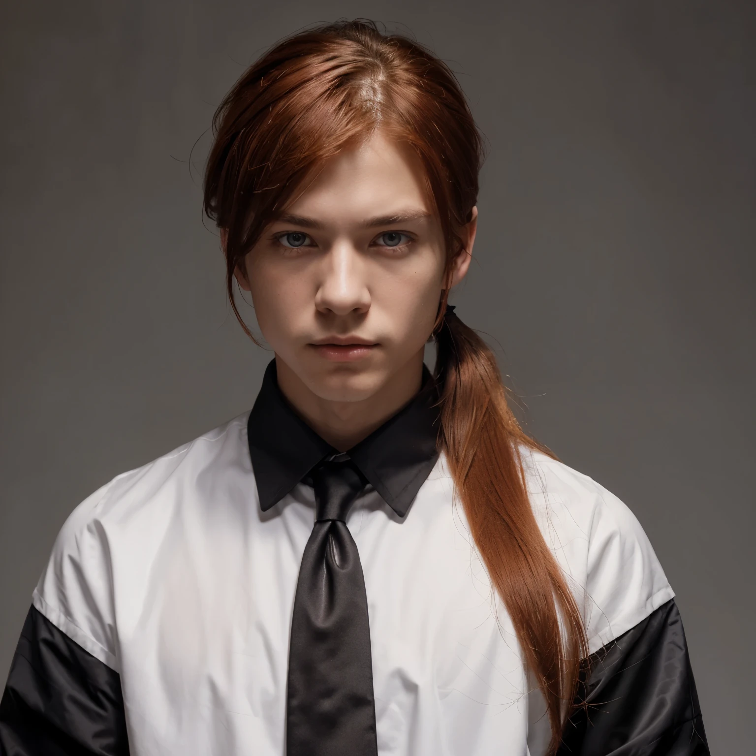 masterpiece, best quality, diluc (genshin impact), 1boy, male focus, red hair, red eyes, long hair, solo, simple background, white background, hair between eyes, bangs, closed mouth, ponytail, sparkle, looking at viewer, antenna hair, cropped shoulders, shirt, jacket, portrait, black shirt, necktie, collared shirt