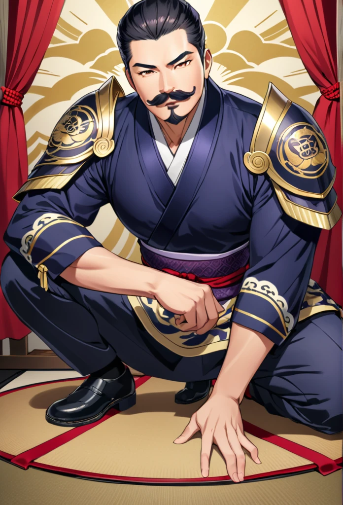 Japanese man with mustache，Kneel down，Daimyo，a man with mustache shogunate ，loyalty，obey，sacrifice，a man with mustache dedication，1man warrior with mustache