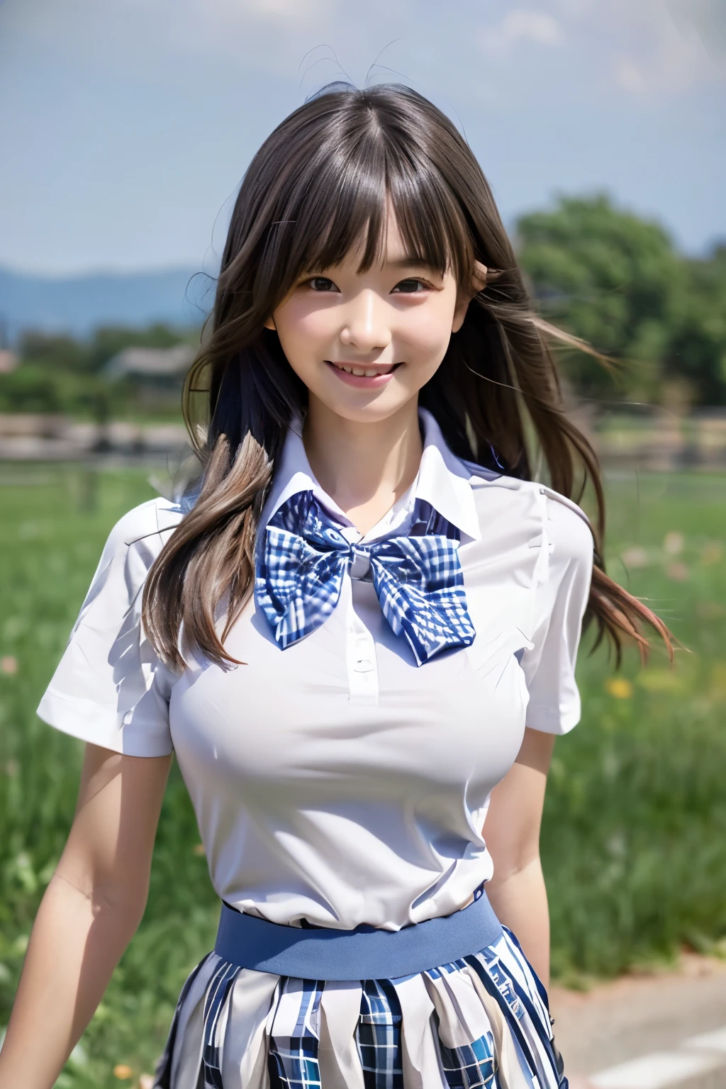 asutepiece:1.2, top-quality), (Realistic, Photorealistic:1.4), Beautiful illustration, view the viewer, full body Esbian, Front view, 1 girl, Japanese, High School Girl, (semi long hair:1.5), blown hair, Bangs, hair between eye, Larg breasts:0.3, Beautiful hair, Beautiful face, Beautiful detailed eyes, Beautiful collarbone, Beautiful body, big boob, beautiful thigh, Beautiful legs, Beautiful fingers, (Beautiful scenery), , School, (((Collared shirt, (see-through:0.3),White shirt, (see-through:0.3)Grey checked pleated skirt, Blue plaid bow tie)), White panties, Standing, Walking, Smile)))