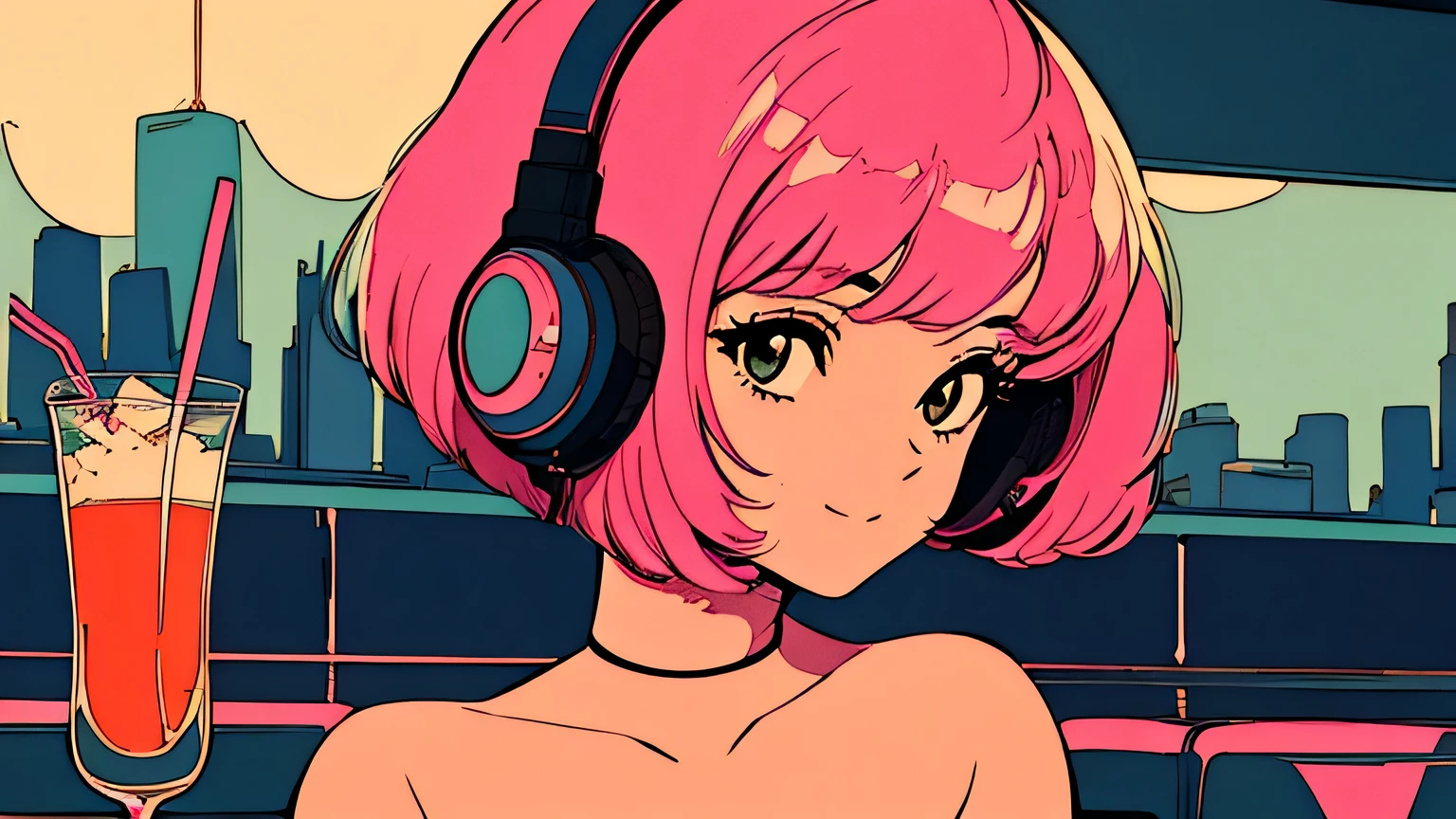 master piece, City Pop style, Pink Hair, fluffy bob cut, wearing headphones, shoulder length, alone, Futuristic, yet, lofi, retro, vintage, Ghost, light smile, 
drinking cocktails at a jazz bar, (( wide shot))