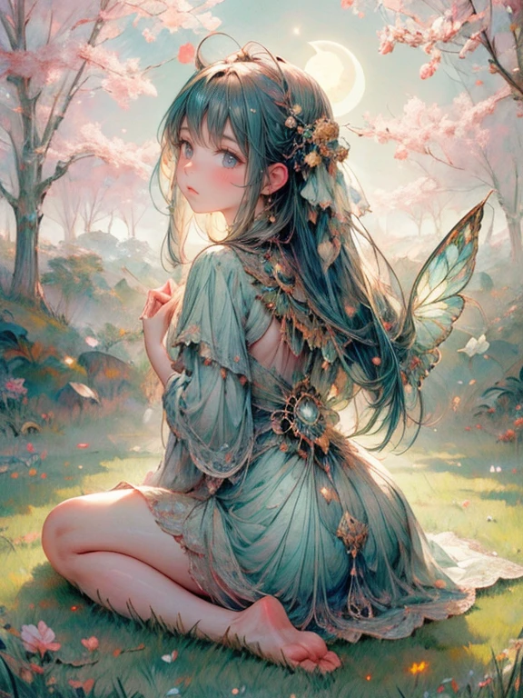 view from  behind, (best quality,4k,8k,highres,masterpiece:1.2),ultra-detailed,realistic,beautiful girl looking up at the moon,butterfly wings on her back, beautiful detailed (eyes, lips, wings),extremely detailed eyes and face,long eyelashes,kneeling in a praying pose,soft and flowing hair,following her through a serene meadow,lush green grass and colorful wildflowers,bathed in the warm glow of the moonlight,calm and peaceful atmosphere,ethereal and dreamlike,impressionistic style,pastel hues and soft lighting