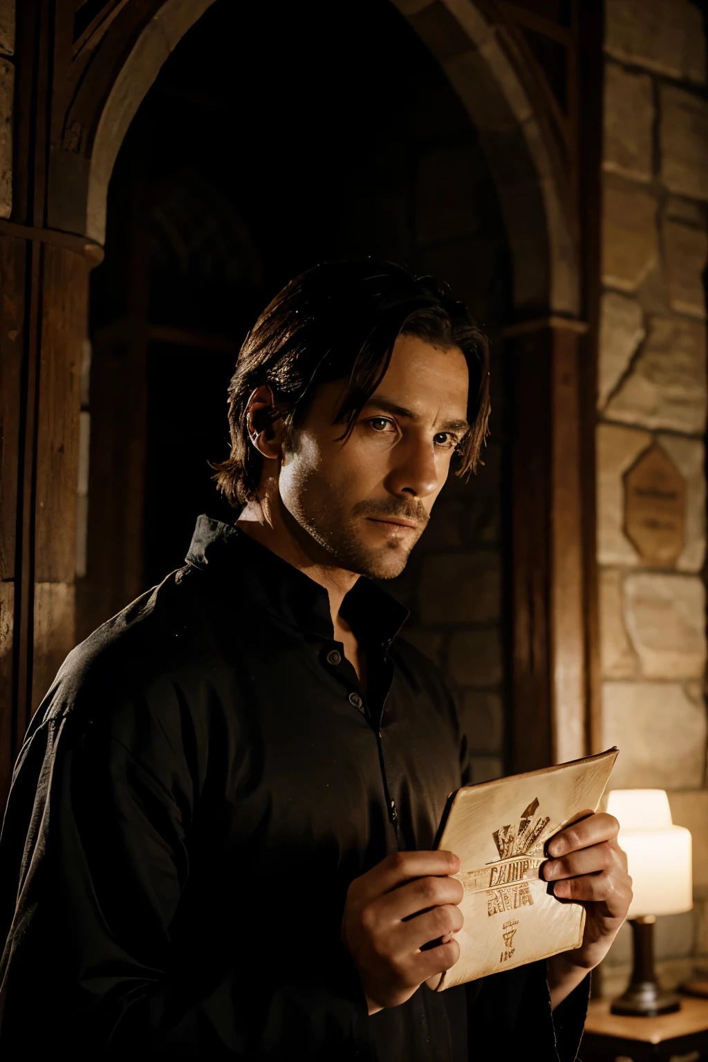 thin man 40 years old, wearing a medieval long-sleeved shirt with dark hair, thick stubble on the face, serious and gloomy, holding a book in his hands medieval style