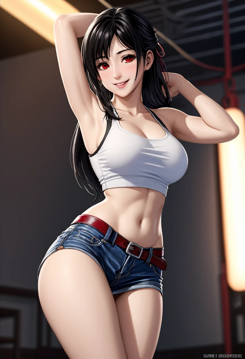 (Realistic: 1.4), highest quality, Very delicate and beautiful, High resolution, One girl, Tifa_Lockhart, smile, Cowboy Shot, suspenders, Low rise, mini skirt, Tank top, nervous shirt, Black Hair, Long Hair, Elbow hand pockets, Beautiful and detailed red eyes, Face Light, Cinema Lighting, belly button, High exposure, belly exposed, rib, Abdominal muscles, ( Medium udder), Dynamic pose, Dynamic Angle,