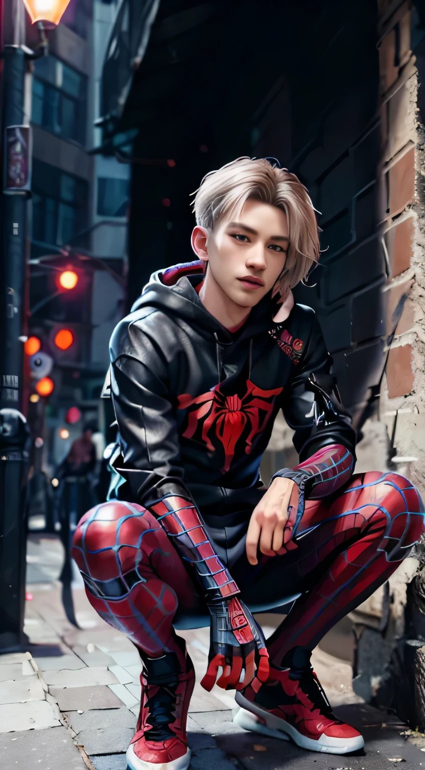 Full body photo，Sit on the ground，Exaggerated，15 years old spider boy,  male Spider-Man，Wenger Spider-Man costume outfit，（(black and red colors))，24mm，4K textures，low-light，HDR ，complex，with short white hair，highly details，（side of head shaved：1.3），Sharp focus，insanely details，Complicateddetails，hyper-detailing，