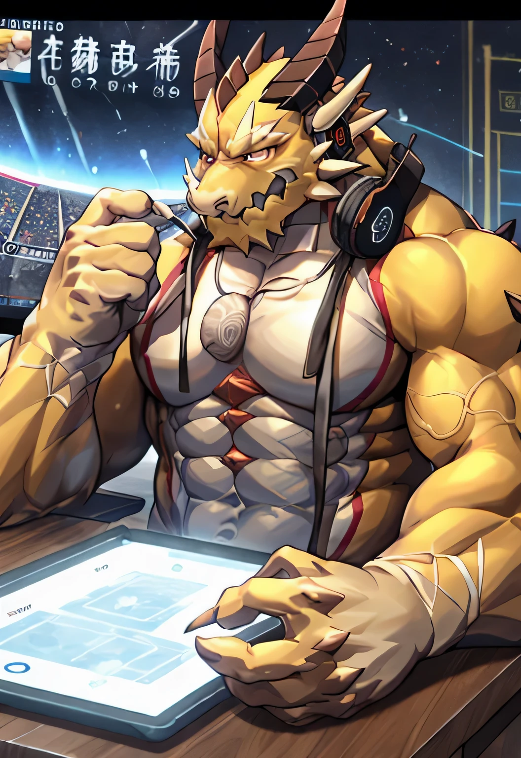 dragon,Anthropomorphic male dragon, Highlight the dragon angle,Highlight his muscular body and sharp claws, Showing the outline of the chest, abdomen, Stretch and Elegance, Delicate lace pattern glitters in the light. Keep your eyes on the screen，Play games with headphones，sit at the table，The background is the scene of the e-sports competition。dragon&#39;Tail, Long-lasting and powerful, 他sit at the table，Playing games with headphones on，Keep your eyes on the screen，Emphasizes his charming masculinity. dragon&#39;Keep your eyes on the screen，Play games with headphones，sit at the table，The background is the scene of the e-sports competition。