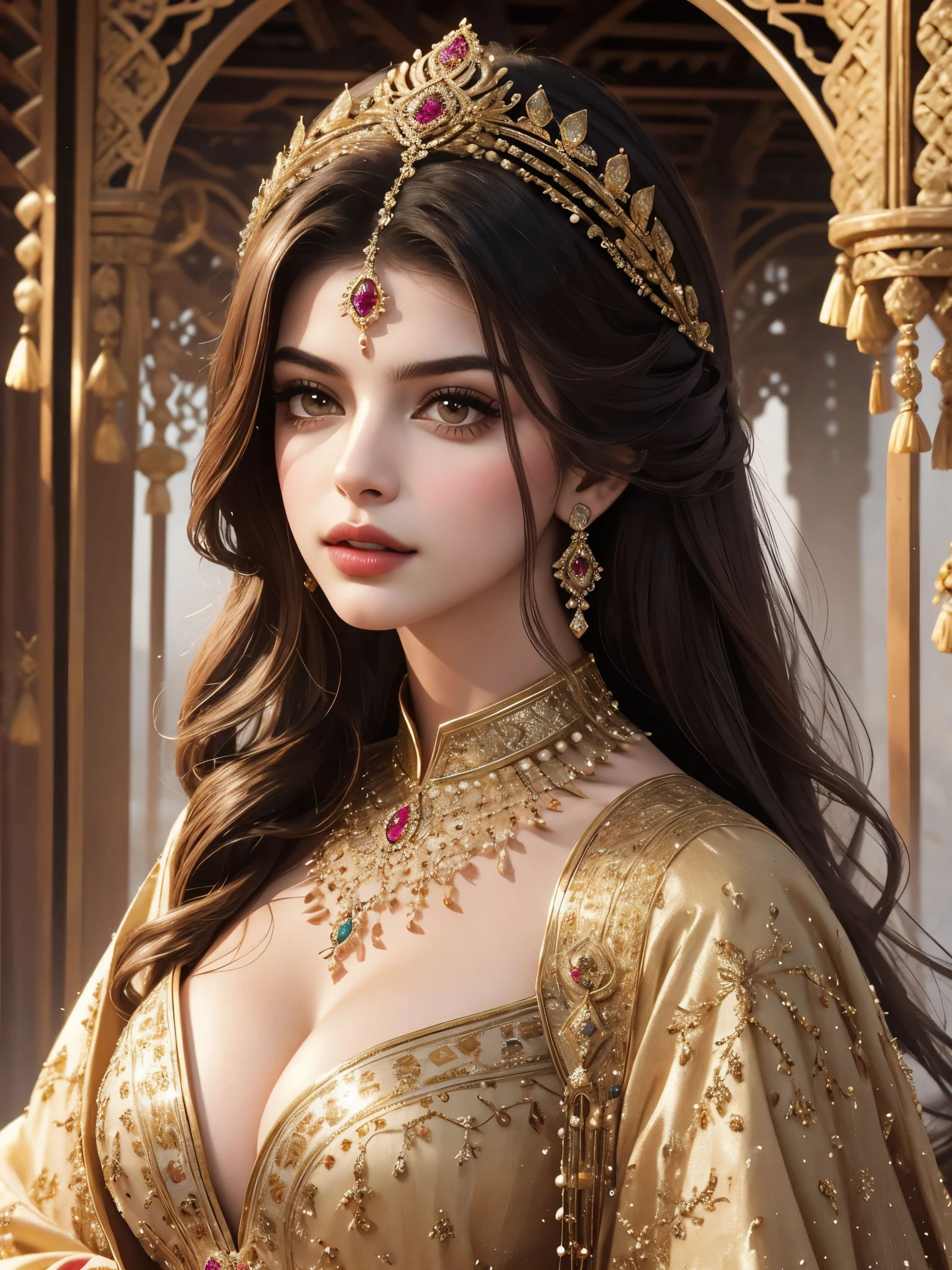A closeup portrait of a Persian princess ((( Anne Hathaway:Selena Gomez:0.7))) , royalty personified, adorned in intricately designed clothing, heavily embellished with precious gems and metals. Her makeup, a blend of ancient traditions and modern elegance, emphasizes her symmetrical features. The wind beautifully plays with her long, wavy chestnut hair, creating a mesmerizing bokeh effect in the background. Surrounded by the desert, the scene is characterized by sands that are dusty and foggy, with the occasional sandstorm, adding an element of mystery and allure to the composition. With a centered yet cinematic focus, every detail is captured in sharp, high resolution. The colors are warm and inspiring, her huge breasts is capturing the attraction, big breasts:1.6