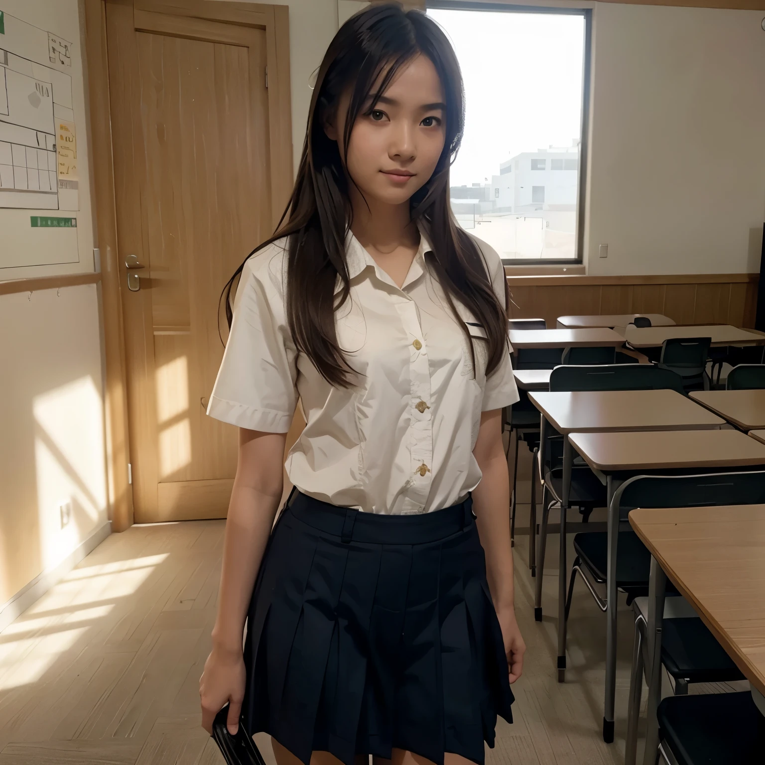 Shiina midday, classroom, uniform, highest quality, highly detailed, realistic shadows, realistic texture