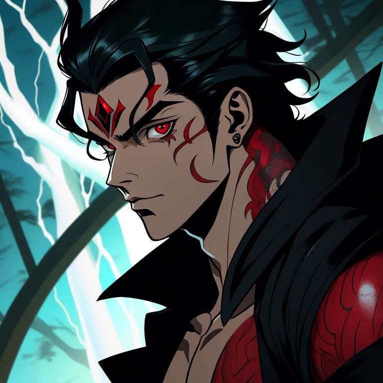 um close up de uma pessoa segurando uma espada em uma tempestade de raios, an epic anime of a energy man, dark supervillain, transformando-se em sua forma final, Tor, da Marvel, este personagem tem criocinese, Devilman selvagem de corpo inteiro, espantalho masculino poderoso, Gatilho Estilo de Arte de Anime, O reprodutor sombrio, chefe de fim de jogo, Berserk Skullknight Armadura Negra red eyes,Red tattoo on the face,