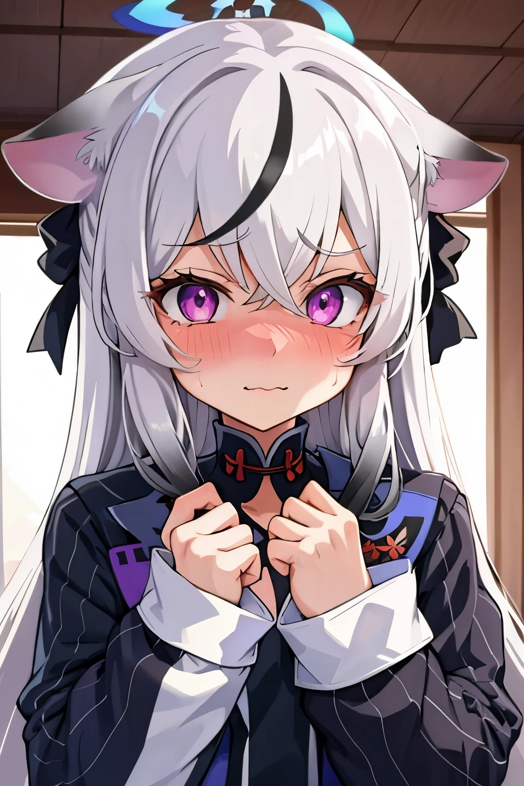 1girl, kokona, indoors, purple eyes, white hair, :3 mouth, embarrassed, beautiful eyes, beautiful lips, shiny lips, extremely detailed eyes and face, long eyelashes, close-up, warm lighting, vibrant colors, looking at the viewer, embarrassed look, blush, Winter suit, winter wonder