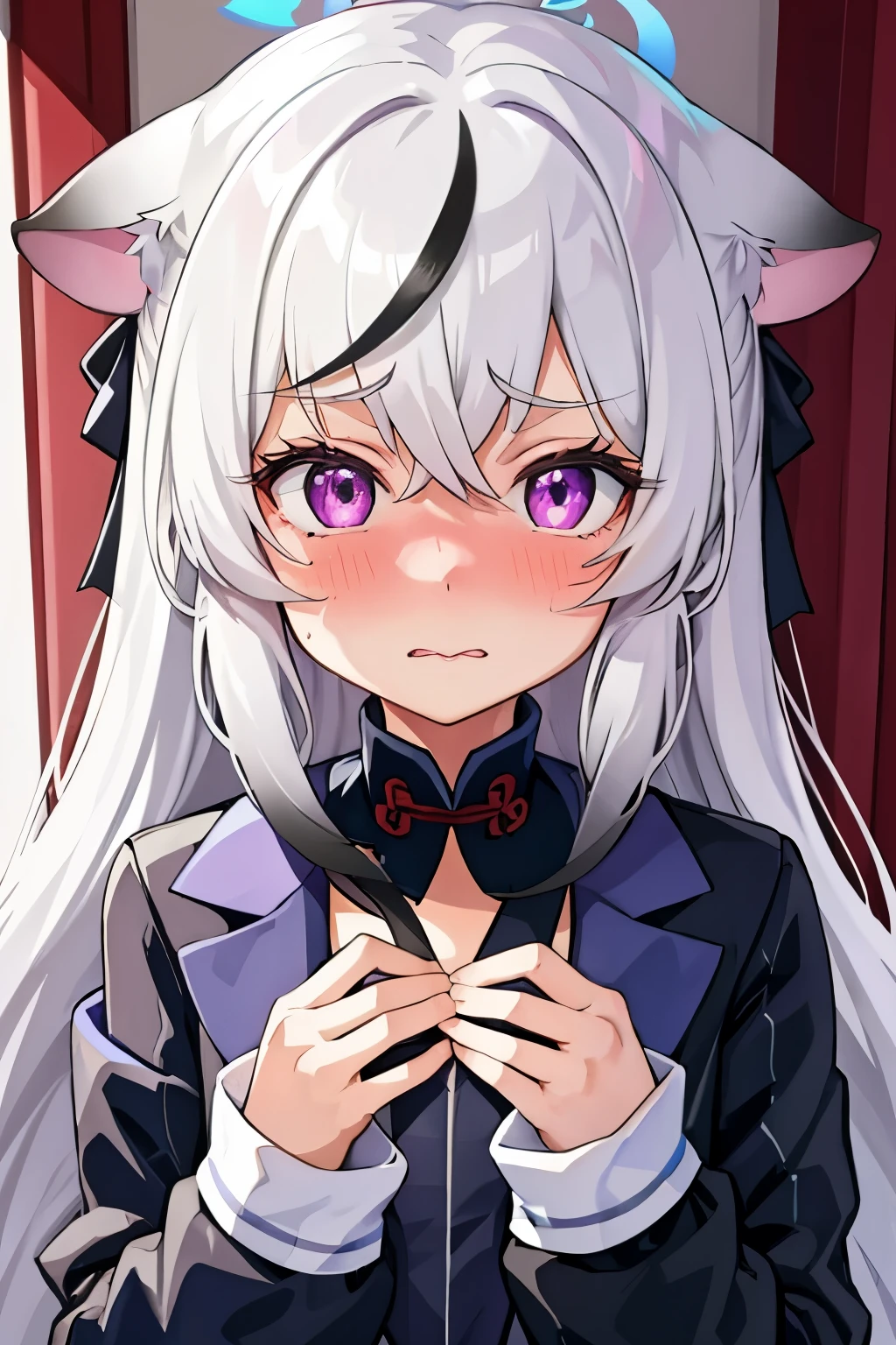 1girl, kokona, indoors, purple eyes, white hair, :3 mouth, embarrassed, beautiful eyes, beautiful lips, shiny lips, extremely detailed eyes and face, long eyelashes, close-up, warm lighting, vibrant colors, looking at the viewer, embarrassed look, blush, Winter suit, winter wonder