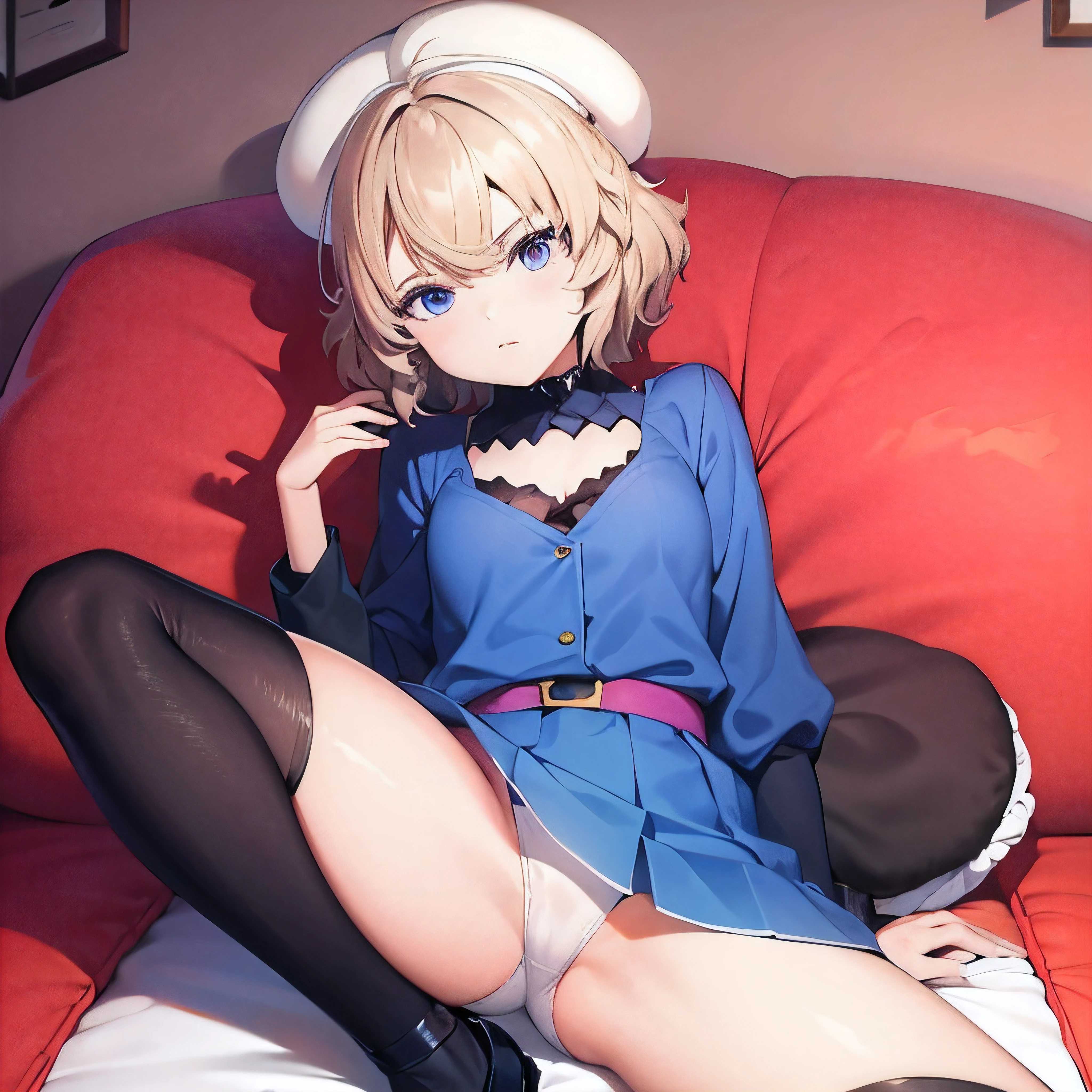 iwanaga kotoko, anime girl, cute, white panties, spread legs, leg spread, sexy, hot, blonde hair, perfect anatomy, (iwanagakotoko:0.9),(beret:1.8)