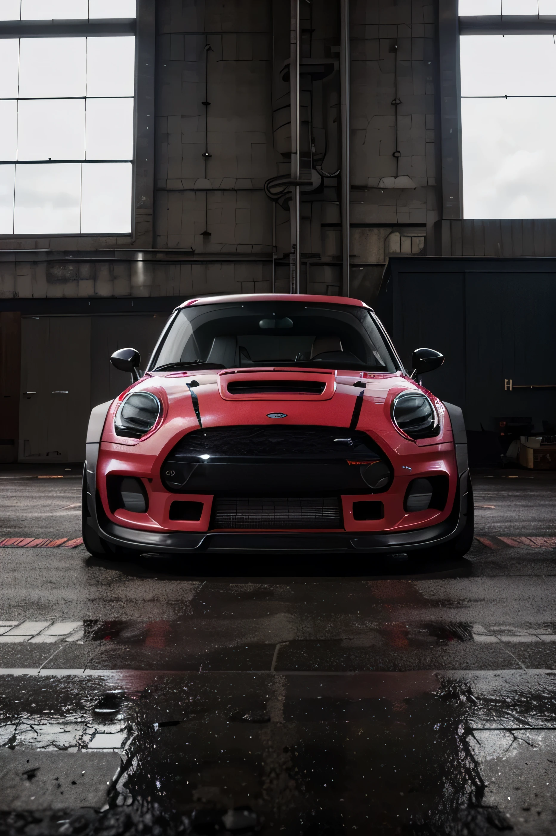 bright pink R56 Mini Cooper S JCW, ((carbon fibre, Liberty walk ultra wide body kit)), aggressive stance ((background: inside old industrial style building, large windows in background, overcast sky, heavy industrial look, cobble stone street)), 8K quality, realistic, realism, sharp, detailed, ultrawide, black and carbon fibre and deep candy apple red scheme, front profile, epic stance, epic ultra wide body kit, super low stance, aggressive looks