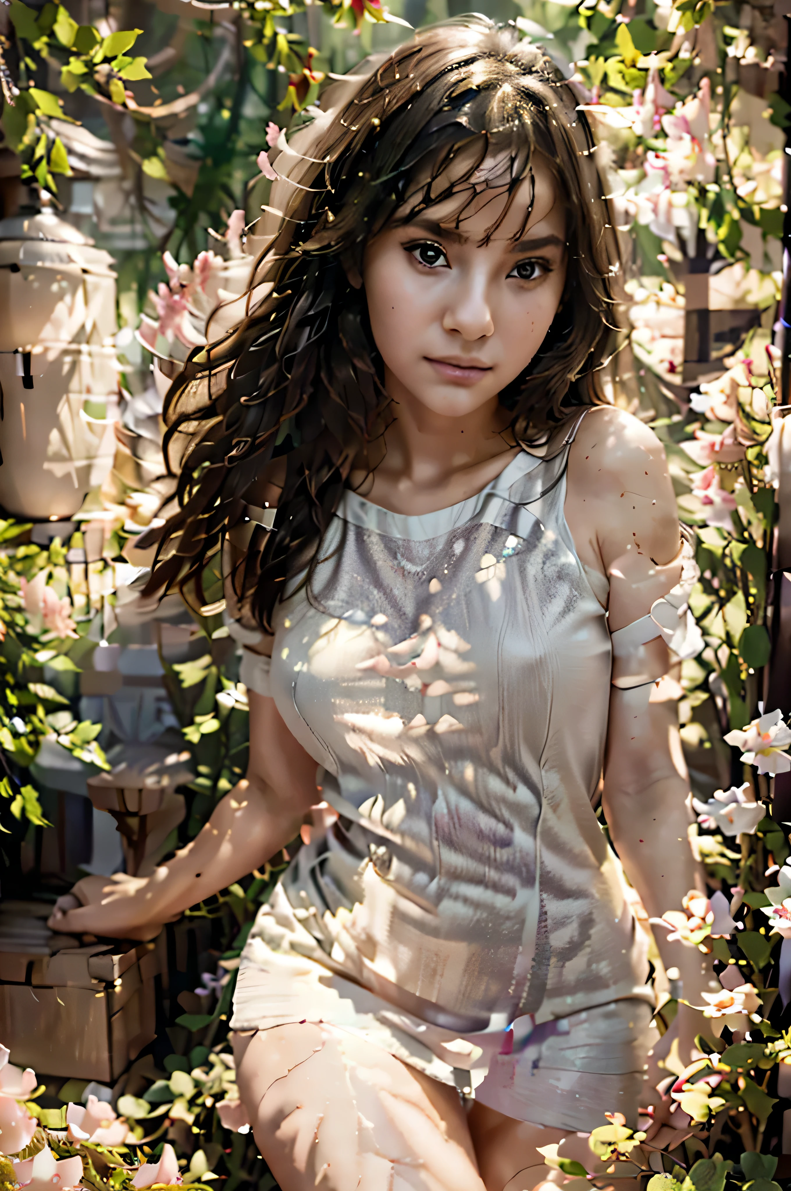 (best quality,4k,8k,highres,masterpiece:1.2),ultra-detailed,(realistic,photorealistic,photo-realistic:1.37),beautiful detailed eyes,beautiful detailed lips,extremely detailed eyes and face,long eyelashes,portraits,studio lighting,vivid colors,bokeh,girl in a garden,flowers and trees surrounding the girl,soft sunlight filtering through the leaves,calm and peaceful atmosphere,innocent expression on the girl's face,colorful dress flowing in the breeze,medium:oil painting,texture of oil strokes visible on the canvas,warm tones and soft hues,light and shadow playing on the girl's face and dress,gentle smile on the girl's lips,emotion conveyed through the girl's eyes and posture,natural poses and gestures,serene background with a hint of depth and perspective,attention to realistic details and proportions,dynamic composition with the girl as the focal point,subtle variations in color and texture to create a lifelike effect,impressionistic elements in the background,implying a dreamy and poetic atmosphere,masterful use of light and color to evoke emotions in the viewer.