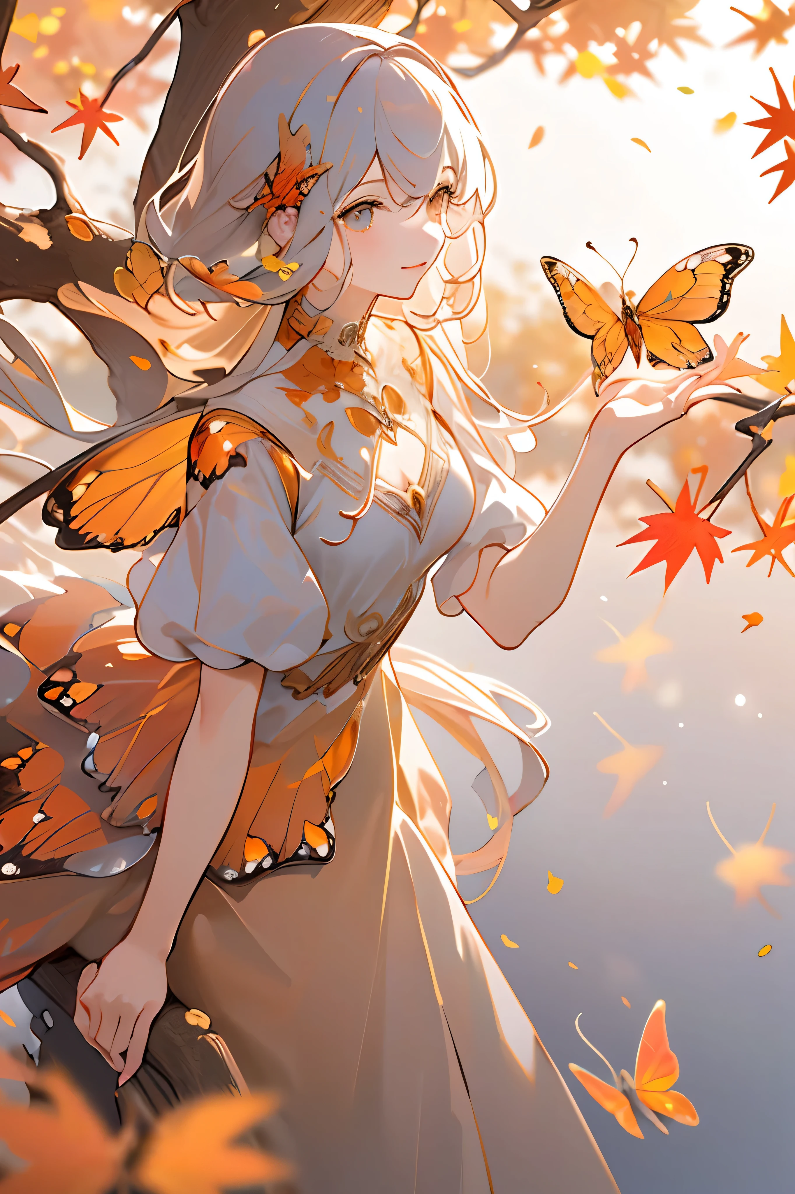 (Obra maestra, mejor calidad, alta calidad, high resolution, ultra detallado), autumn landscape, Hojas cayendo, warm color. 1 girl with orange butterfly wings, hermoso, bonito,vestido naranja, de pie