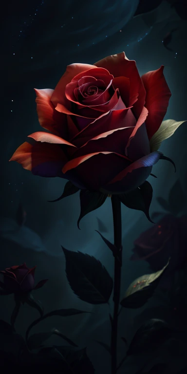 Black Rose、highest quality, Very detailed, "Red rose flower+Crescent Moon+Night Sky" ,Ultra Wide Angle,Accent lighting,Volumetric lighting, (Detailed light),((Very delicate and beautiful)),High resolution、