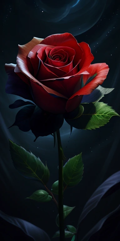 Black Rose、highest quality, Very detailed, "Red rose flower+Crescent Moon+Night Sky" ,Ultra Wide Angle,Accent lighting,Volumetric lighting, (Detailed light),((Very delicate and beautiful)),High resolution、