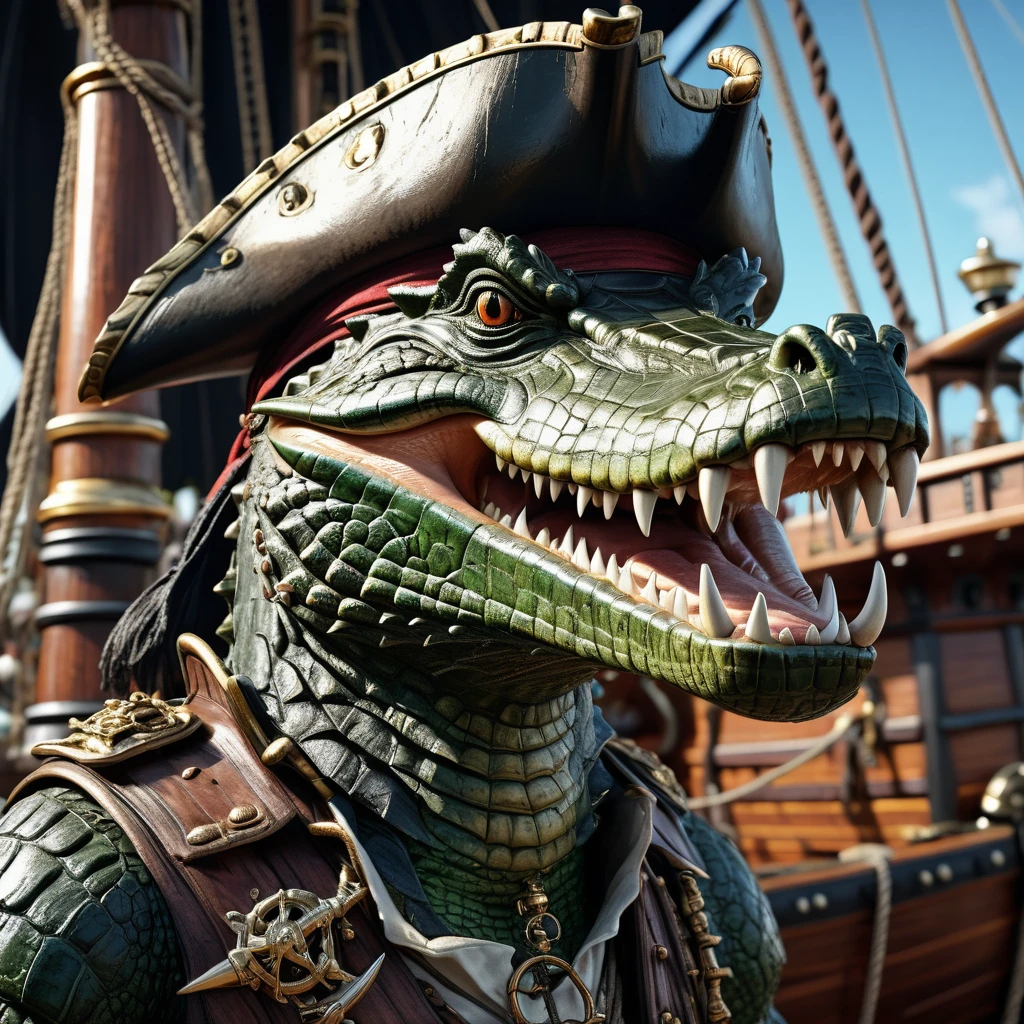 ultra realistic photo, fantasy character portrait of a Crocodile pirate with very big pointy teeth standing on his pirate ship, the crocodile pirate is very muscular and highly detailed, it's very armoured, high resolution, dramatic lighting, 8k, intricate ornate details, pirate ship background