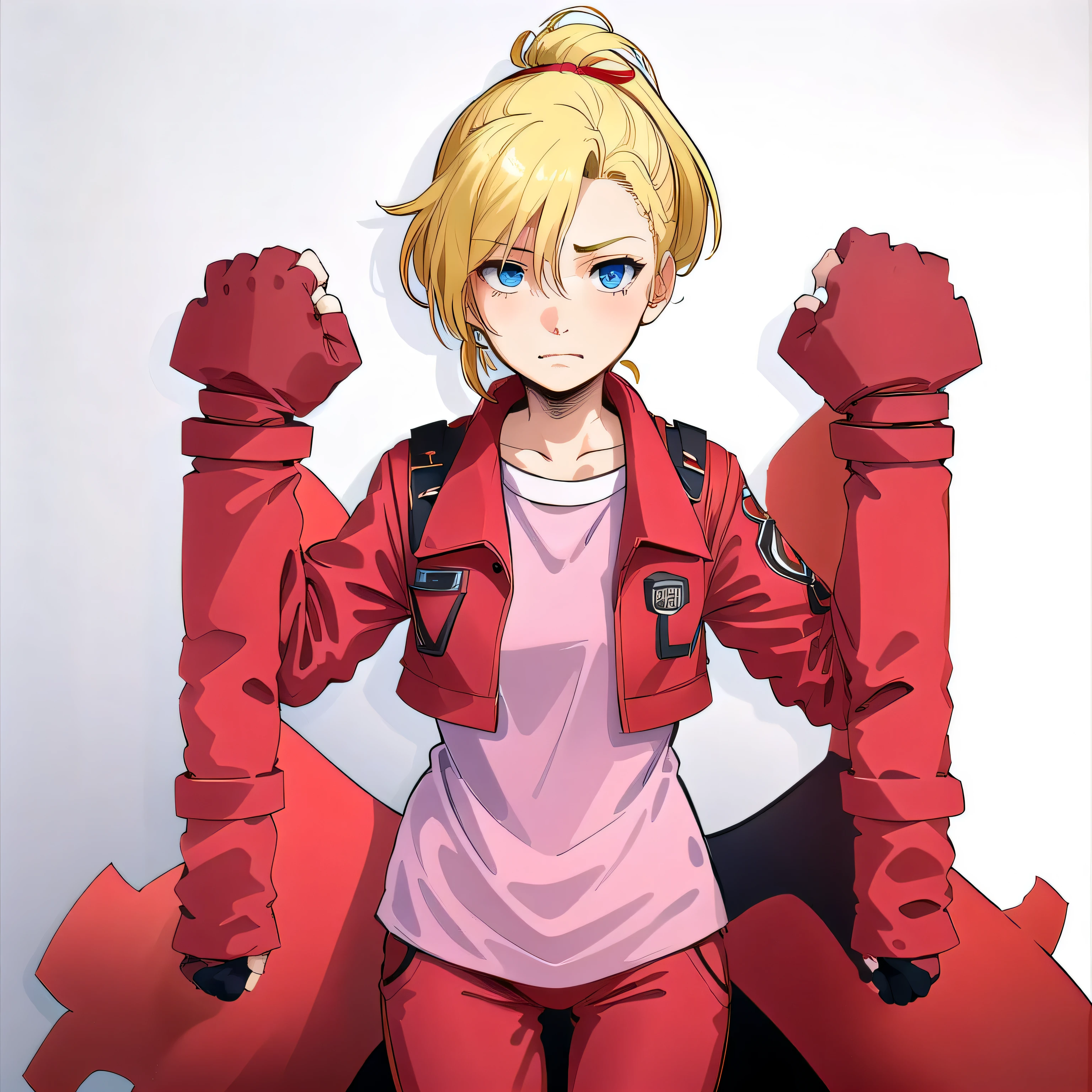 masterpiece,high quality,White Background,alone,
Elebianno,One girl,
Long Hair,High Ponytail,Hair Ribbon,bangs,Blonde,Hair between the eyes,blue eyes,
Red jacket,Symbolism,Open jacket,(Long shirt:1.5),Long sleeve,
Black gloves,Fingerless gloves,
Red trousers,
Shy face,