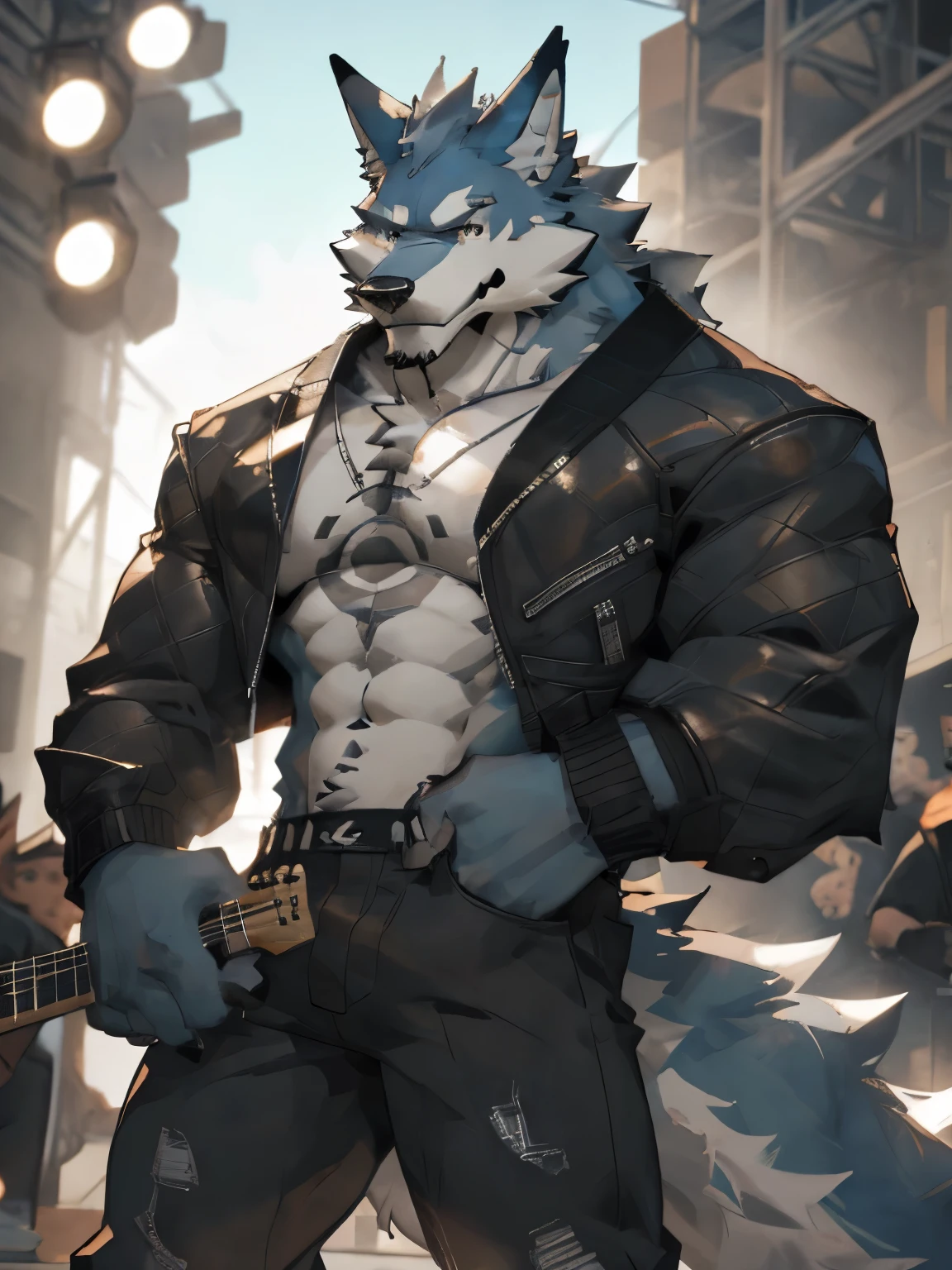 deobaed anatomy, Humanity，((Gray, black and white的狼| Gray, black and white | Black eyes)),middle age,male,White belly exposed,(on stage),(close-up),seductive smile,(Guitar in hand),Beast field,(Athletic),(Muscular plump),Handsome,Wingless,Inverted triangle figure,((No clothes on the upper body，Wearing black rock pants)),(Super detailed),Sharp focus,de-tailed eyes，Wolf Tail ,UHD,best qua,lity,By Bei Bei Bei Bei, by zackary911