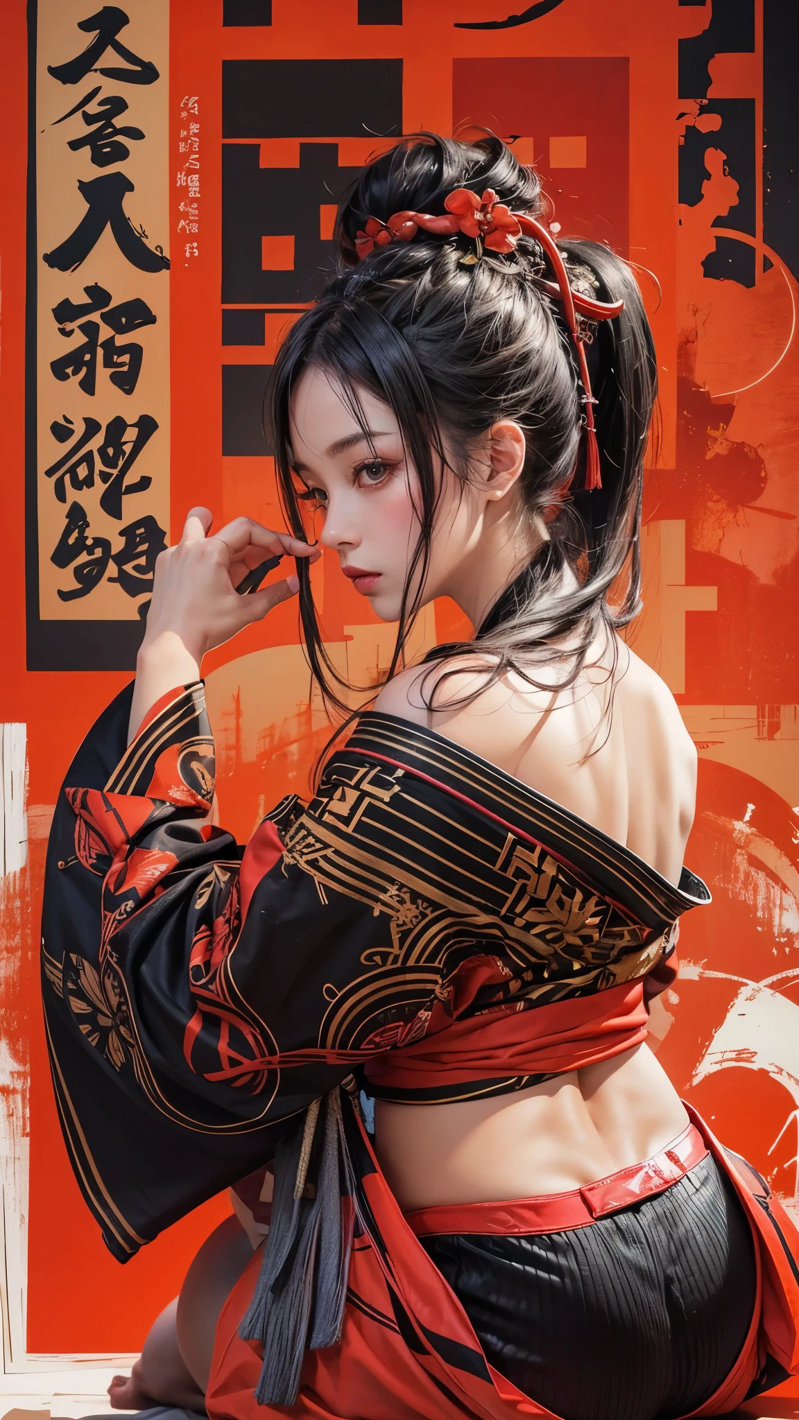 flat style, flat colors, 1girl, side view, samurai girl, black hair, long hair, ponytail, seducing viewer, hearts, female focus, off-shoulder kimono, posing, suggestive pose, kneeling, red theme, (red) and black background, magazine cover, helvetica bold concept art expressiveh