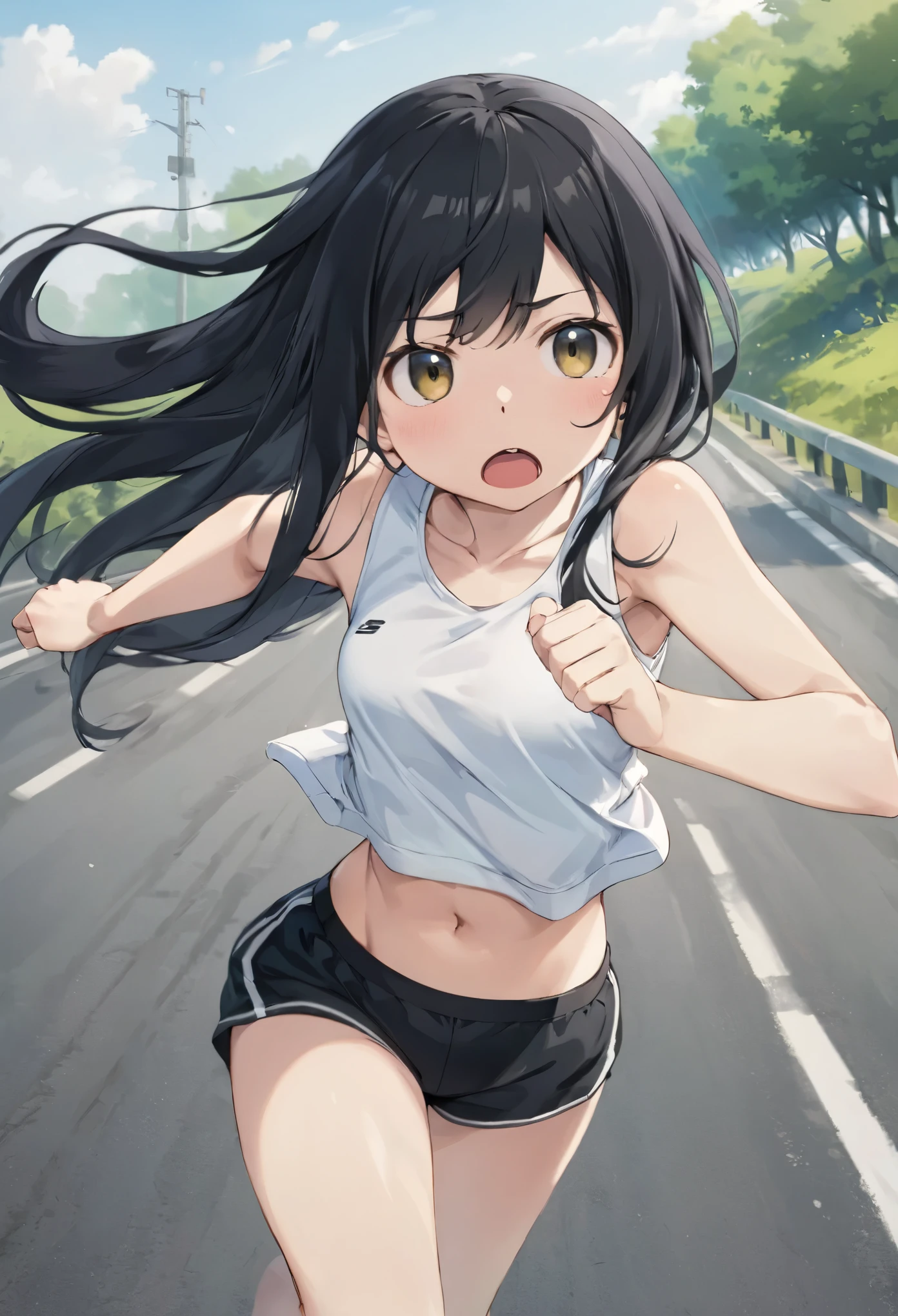 masterpiece, highest quality, High resolution, Will attack, Long Hair, Black Hair, Medium chest, Exposing shoulders, Sportswear, Play sports often, Crop top, White shirt, abdomen, Black Bloomers, Black panties, Thighs, (running:1.2), road, Sweat, Open your mouth,high leg bloomers、