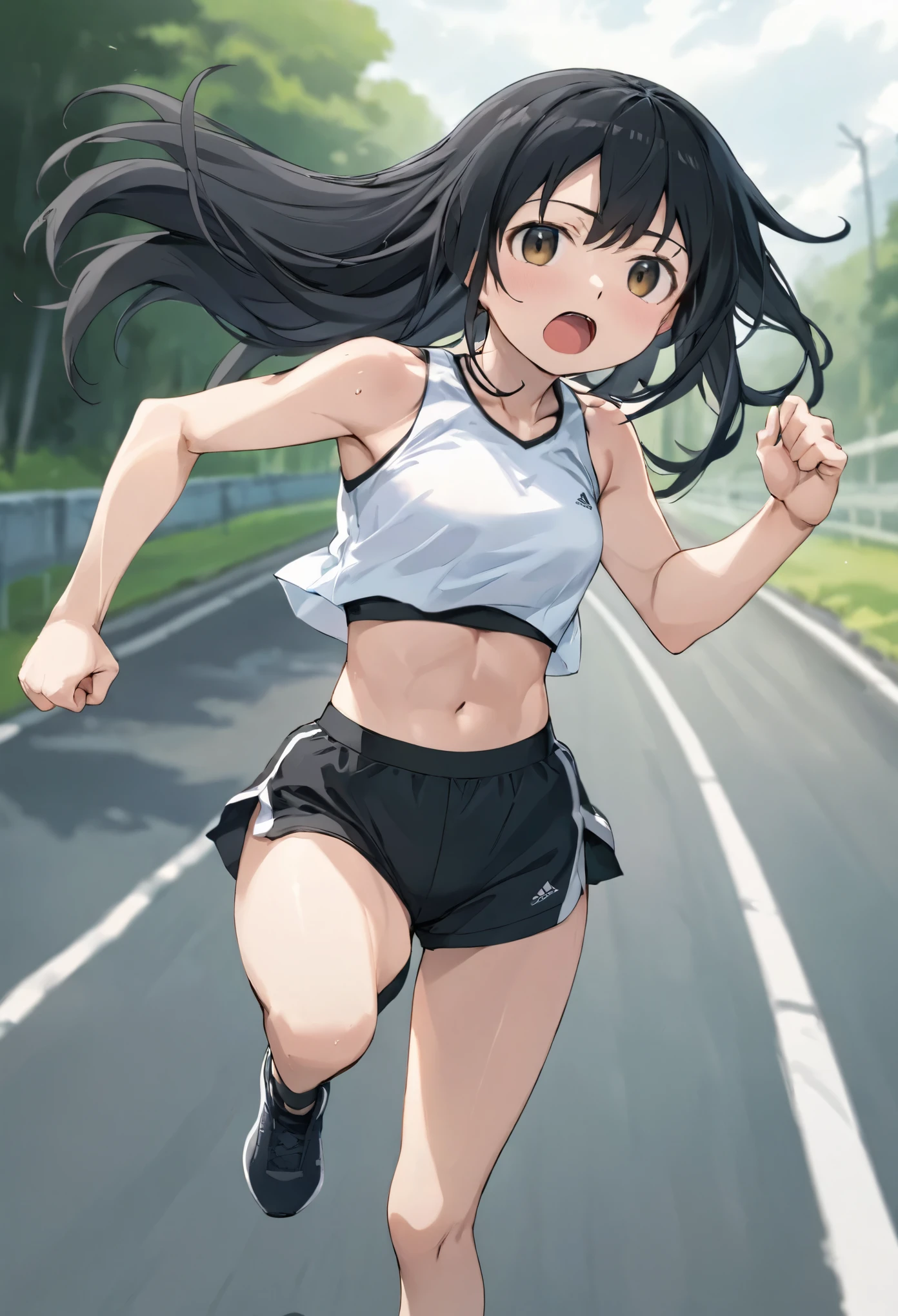 masterpiece, highest quality, High resolution, Will attack, Long Hair, Black Hair, Medium chest, Exposing shoulders, Sportswear, Play sports often, Crop top, White shirt, abdomen, Black Bloomers, Black panties, Thighs, (running:1.2), road, Sweat, Open your mouth,high leg bloomers、