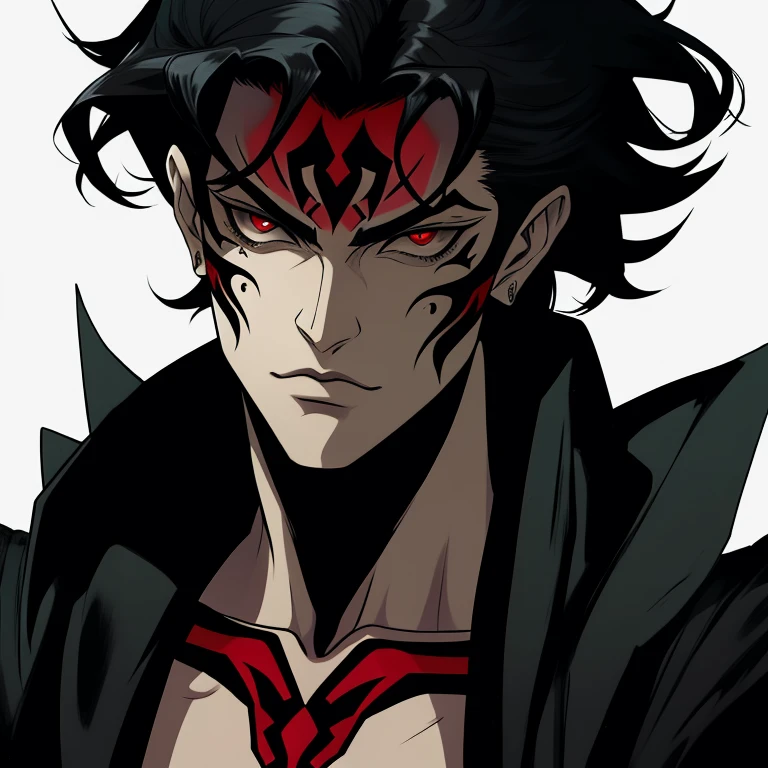 um close up de uma pessoa segurando uma espada em uma tempestade de raios, an epic anime of a energy man, dark supervillain, transformando-se em sua forma final, Tor, da Marvel, este personagem tem criocinese, Devilman selvagem de corpo inteiro, espantalho masculino poderoso, Gatilho Estilo de Arte de Anime, O reprodutor sombrio, chefe de fim de jogo, Berserk Skullknight Armadura Negra，Red eyes，Red tattoo on the face，Black hair，space background，