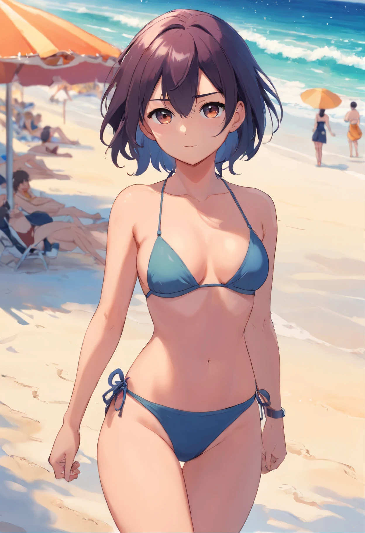 Maki Zenin de jujutsu kaisen, in a bikini on the beach with a perfect and beautiful body