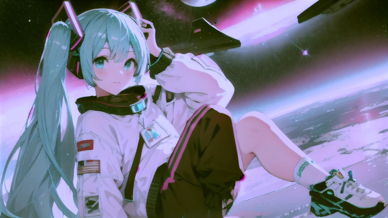 Pink-haired Hatsune Miku-like girl in a space-like place The clothes are space suits Japanese anime style