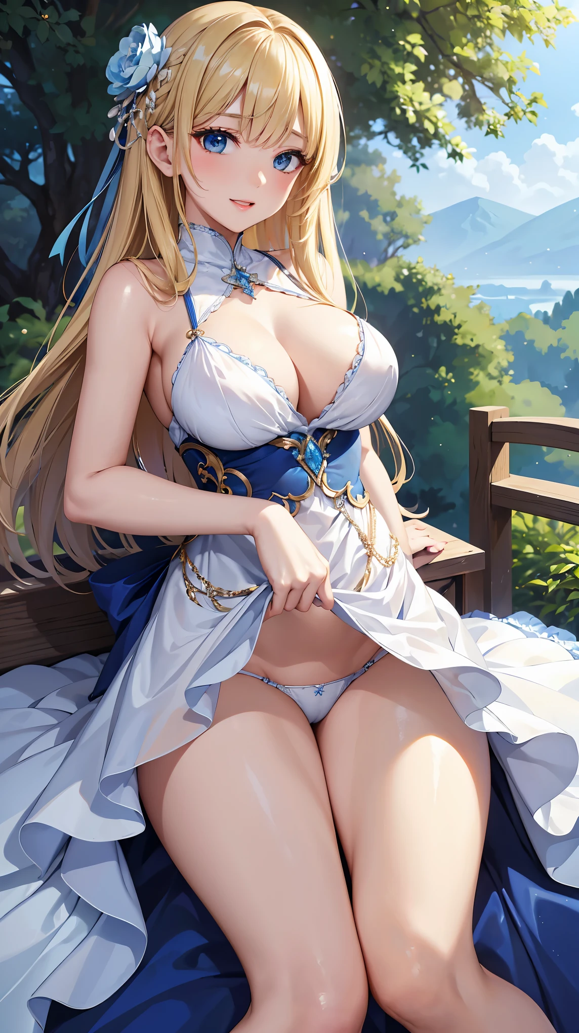 ((highest quality、High resolution))、A beautiful woman、Perfect body、beautiful ample breasts、Long blonde、bangs、Blue and white、Embellished blue sexy dress、skirt、a sexually excited look、I'm inviting you to have sex、Outdoor Scenery